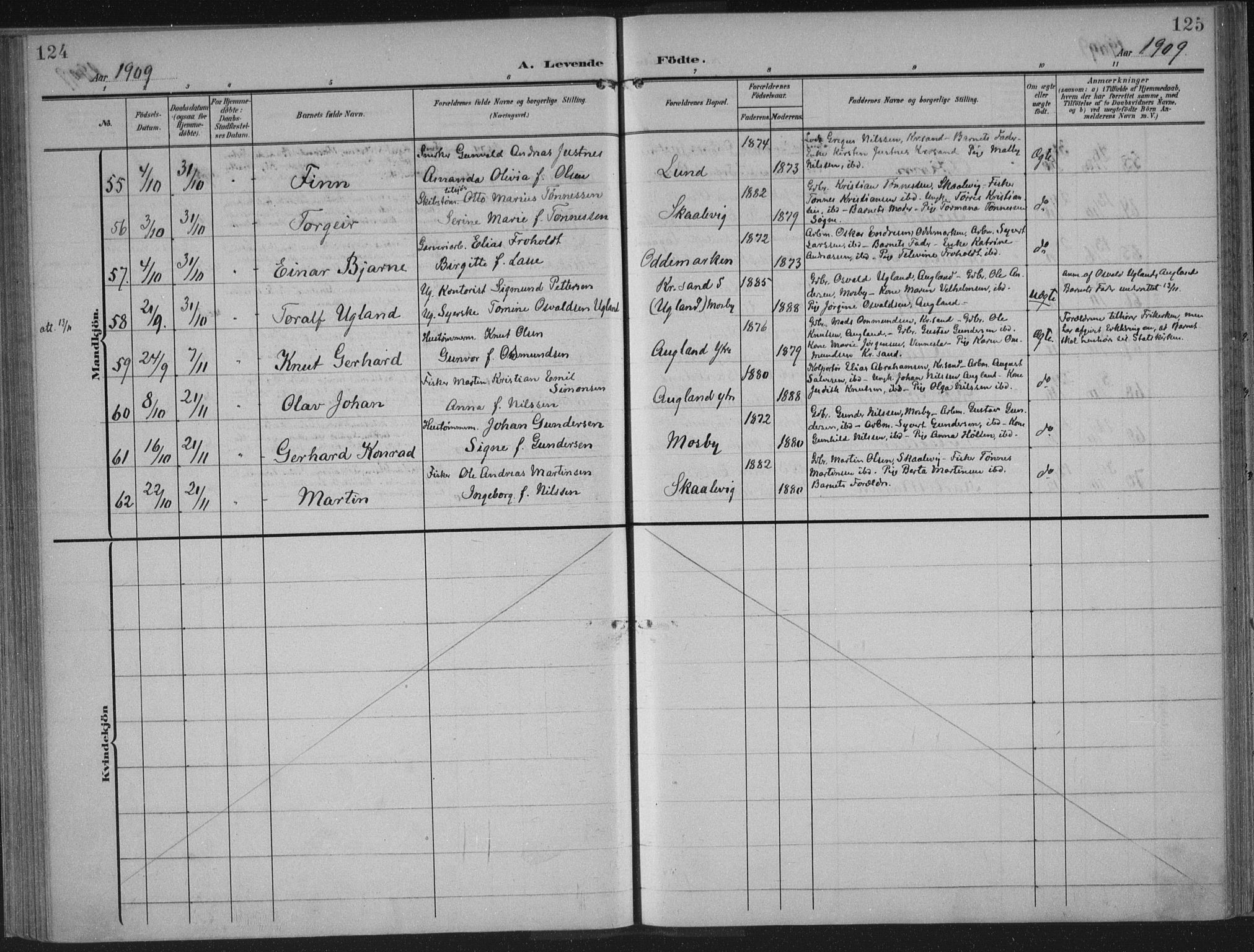 Oddernes sokneprestkontor, AV/SAK-1111-0033/F/Fa/Faa/L0011: Ministerialbok nr. A 11, 1904-1911, s. 124-125