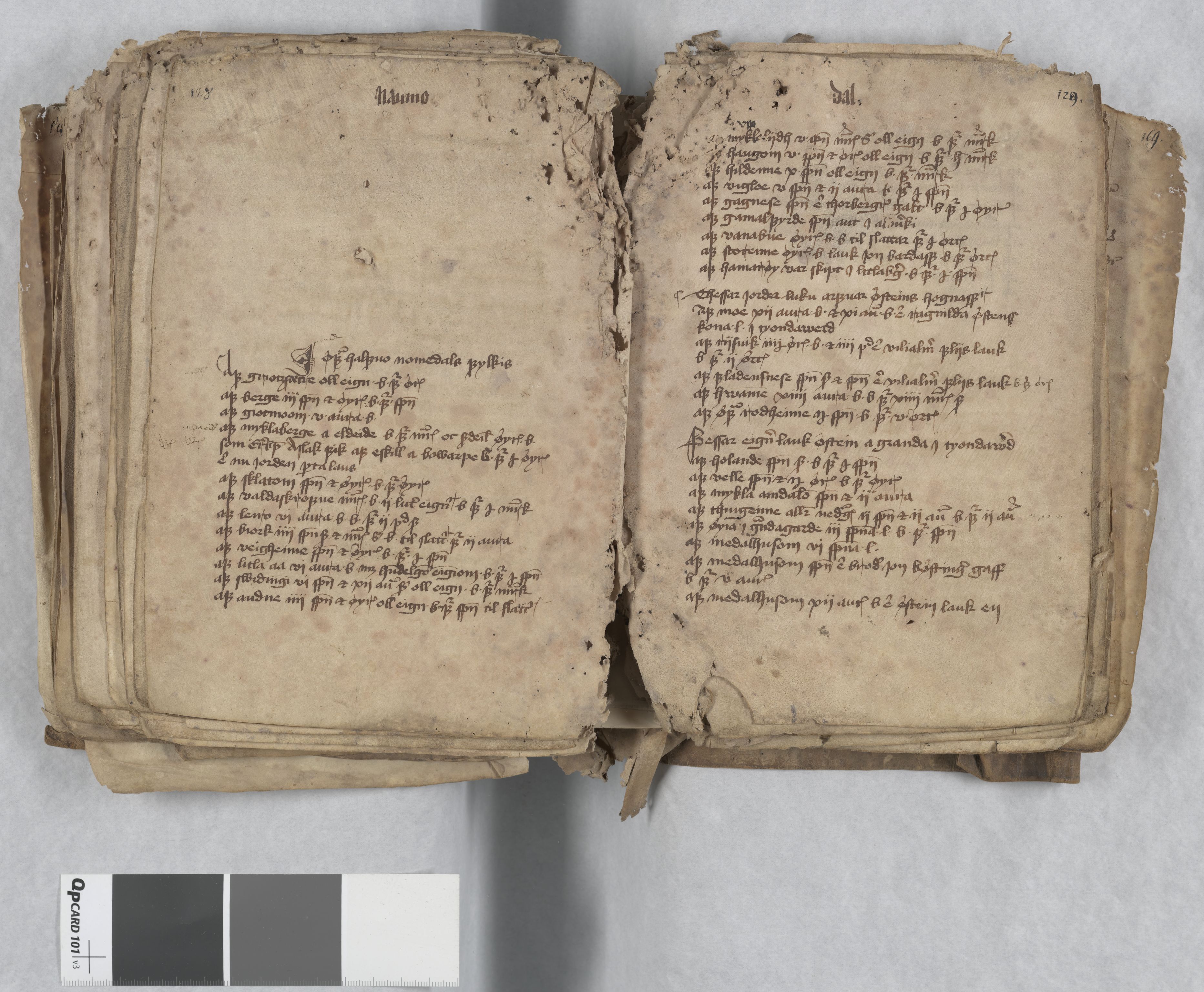 Riksarkivets diplomsamling, AV/RA-EA-5965/F13/F13c/L0001a/0001: NRA dipl. München papir, nr. 4292 Aslak Bolts jordebok. / 4292: Aslak Bolts jordebok, 1430-1439, s. 128-129