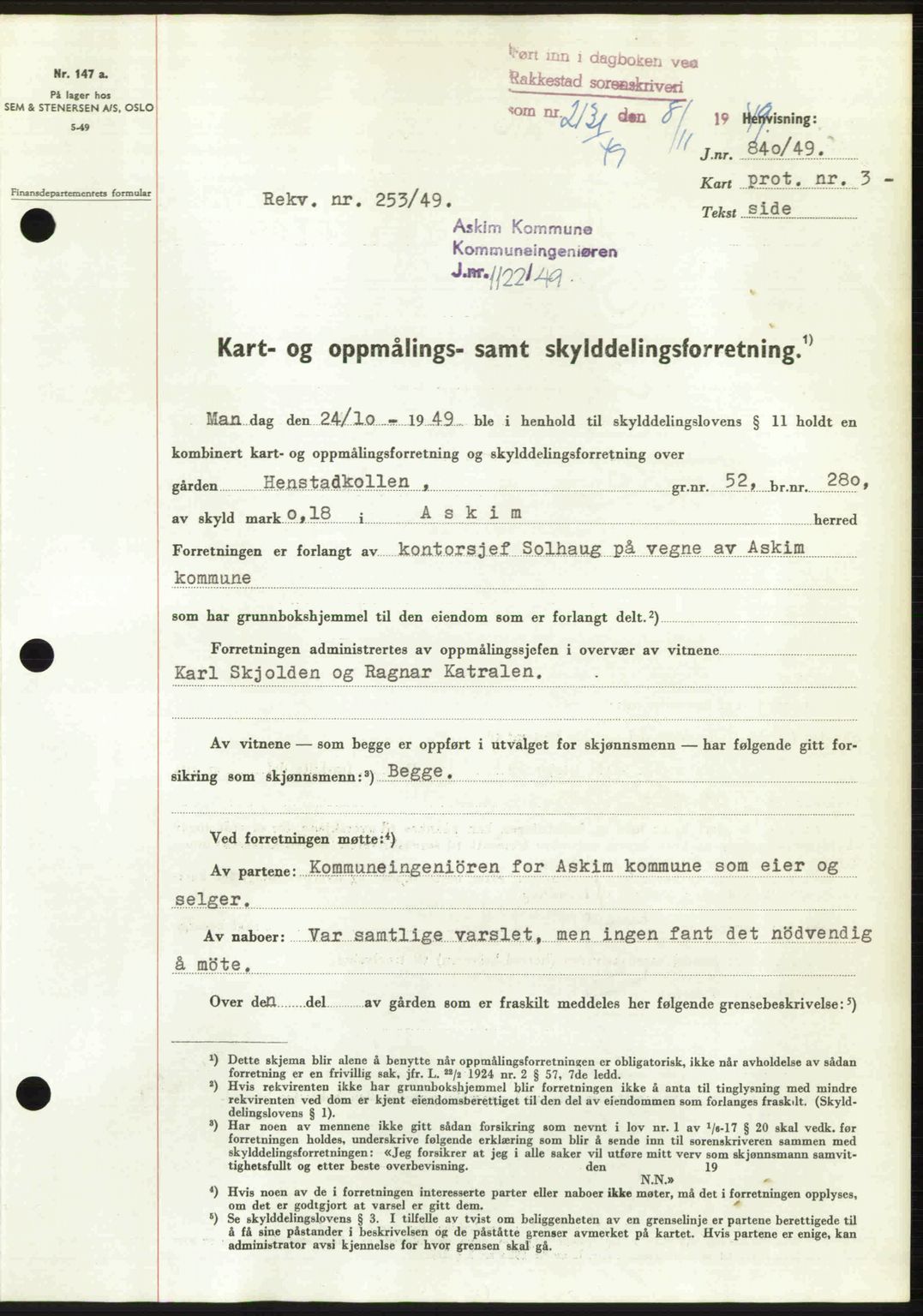 Rakkestad sorenskriveri, SAO/A-10686/G/Gb/Gba/Gbab/L0019: Pantebok nr. A19, 1949-1950, Dagboknr: 2131/1949