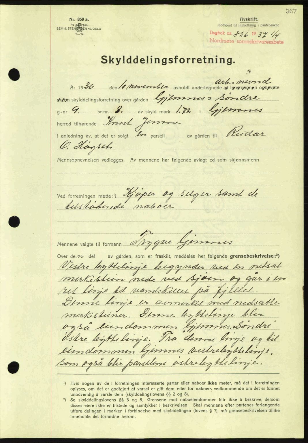 Nordmøre sorenskriveri, SAT/A-4132/1/2/2Ca: Pantebok nr. A81, 1937-1937, Dagboknr: 826/1937
