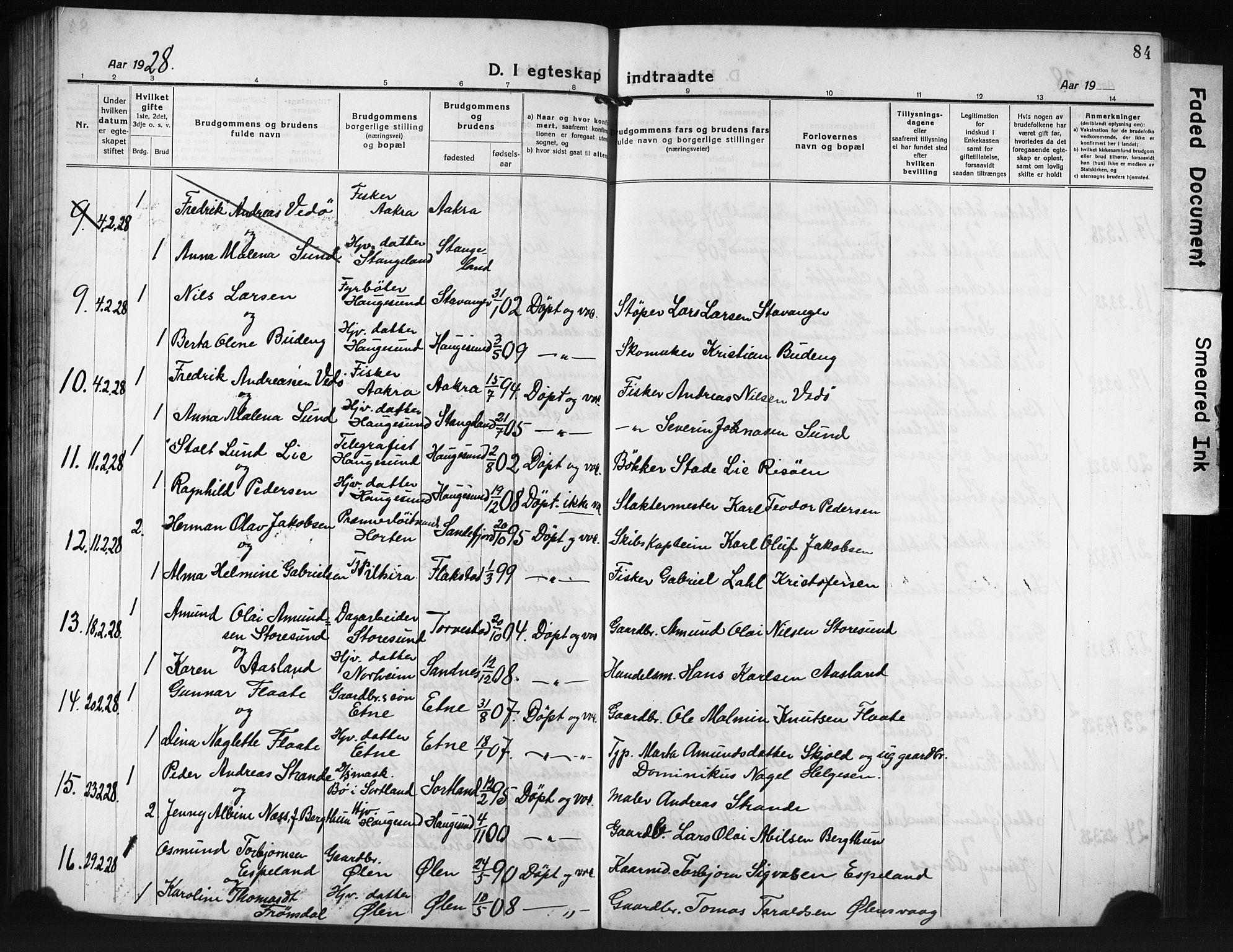 Haugesund sokneprestkontor, AV/SAST-A -101863/H/Ha/Hab/L0010: Klokkerbok nr. B 10, 1920-1931, s. 84