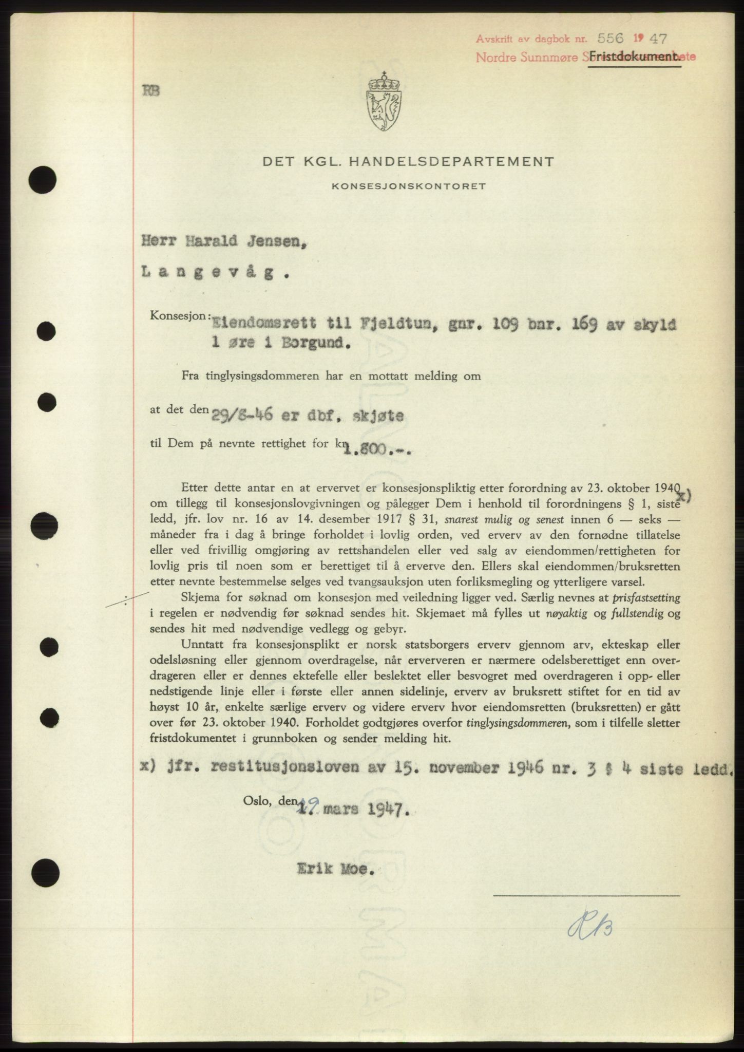Nordre Sunnmøre sorenskriveri, SAT/A-0006/1/2/2C/2Ca: Pantebok nr. B6-14 b, 1946-1947, Dagboknr: 556/1947