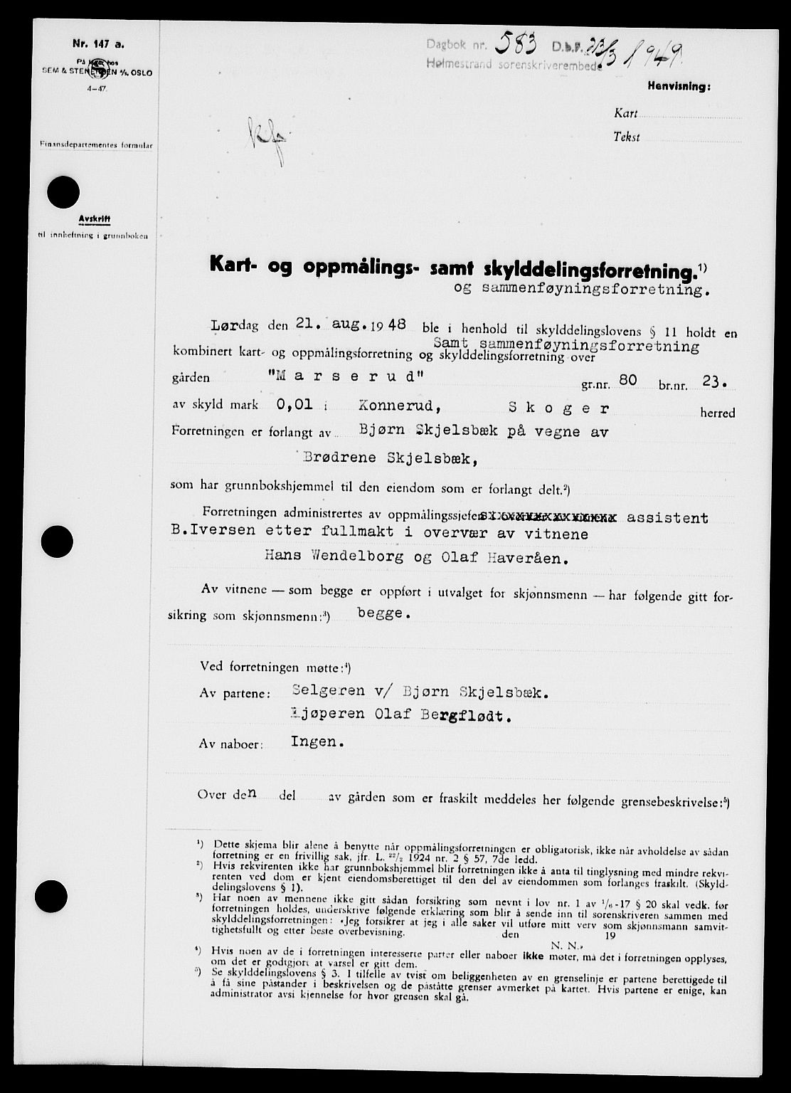 Holmestrand sorenskriveri, SAKO/A-67/G/Ga/Gaa/L0066: Pantebok nr. A-66, 1949-1949, Dagboknr: 583/1949