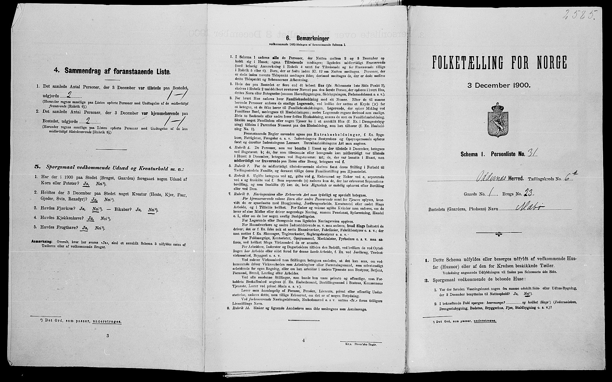 SAK, Folketelling 1900 for 1012 Oddernes herred, 1900, s. 1230