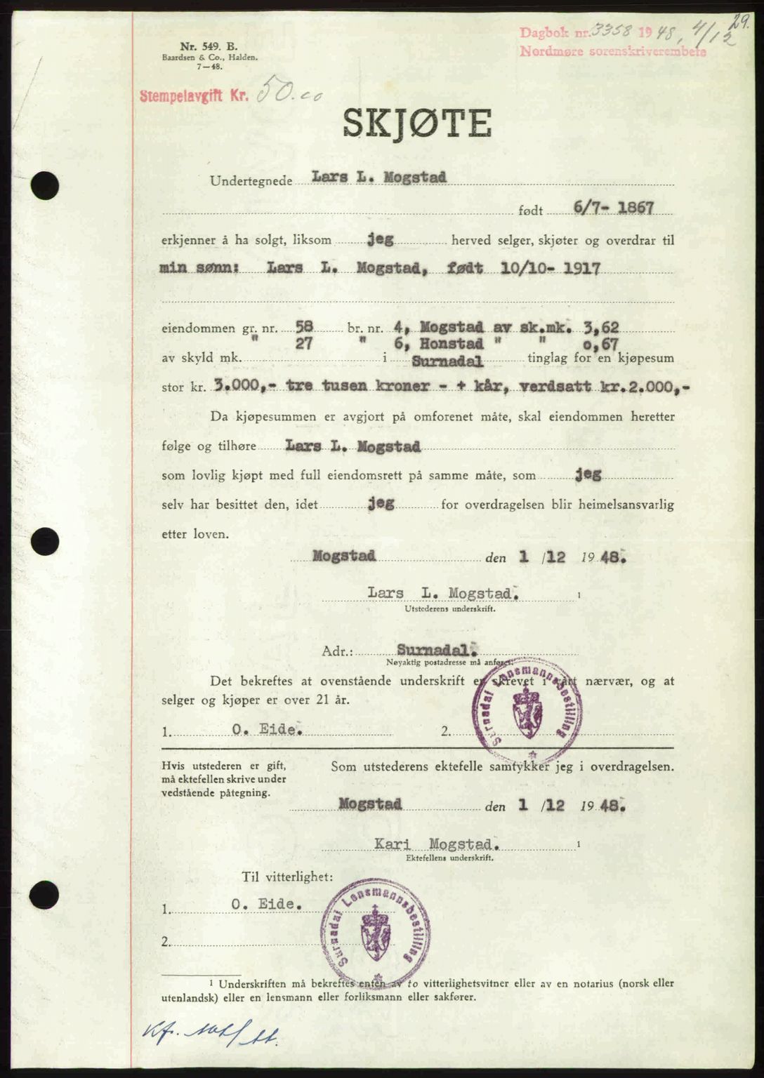 Nordmøre sorenskriveri, SAT/A-4132/1/2/2Ca: Pantebok nr. A110, 1948-1949, Dagboknr: 3358/1948