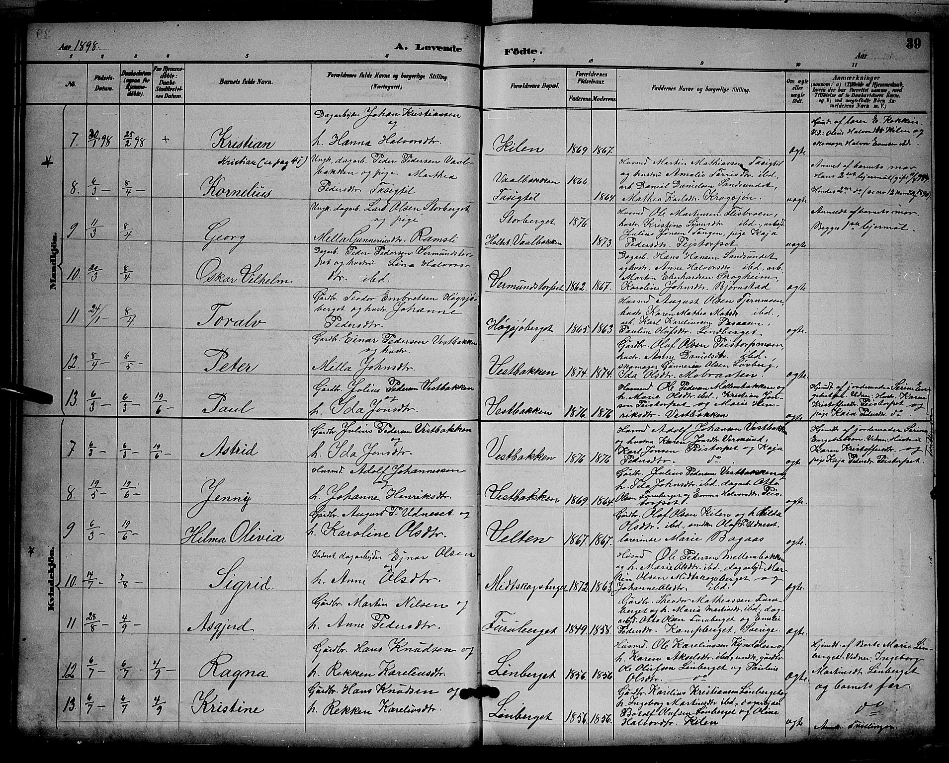 Åsnes prestekontor, AV/SAH-PREST-042/H/Ha/Hab/L0003: Klokkerbok nr. 3, 1890-1902, s. 39