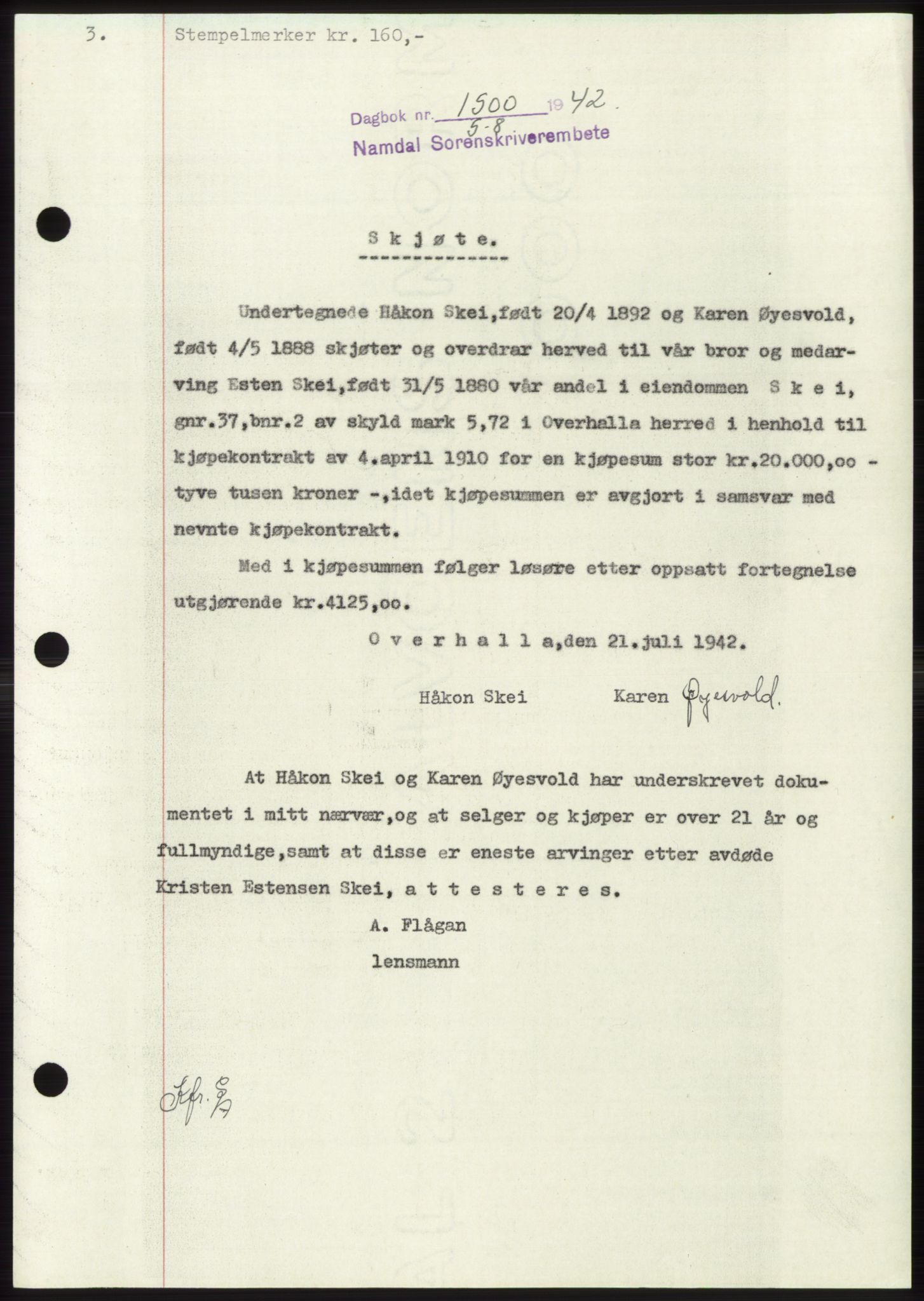 Namdal sorenskriveri, SAT/A-4133/1/2/2C: Pantebok nr. -, 1942-1943, Dagboknr: 1500/1942