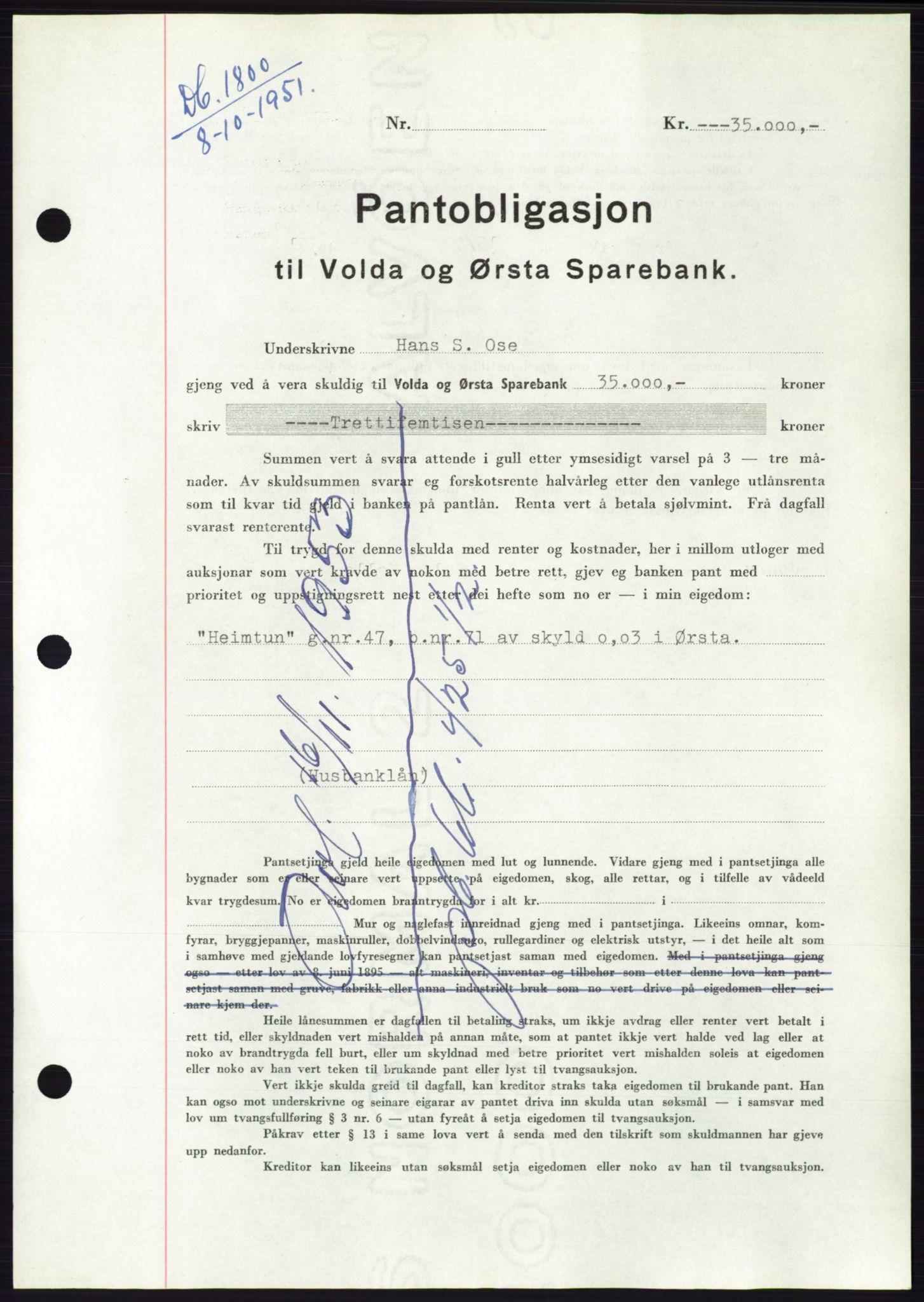 Søre Sunnmøre sorenskriveri, SAT/A-4122/1/2/2C/L0120: Pantebok nr. 8B, 1951-1951, Dagboknr: 1800/1951