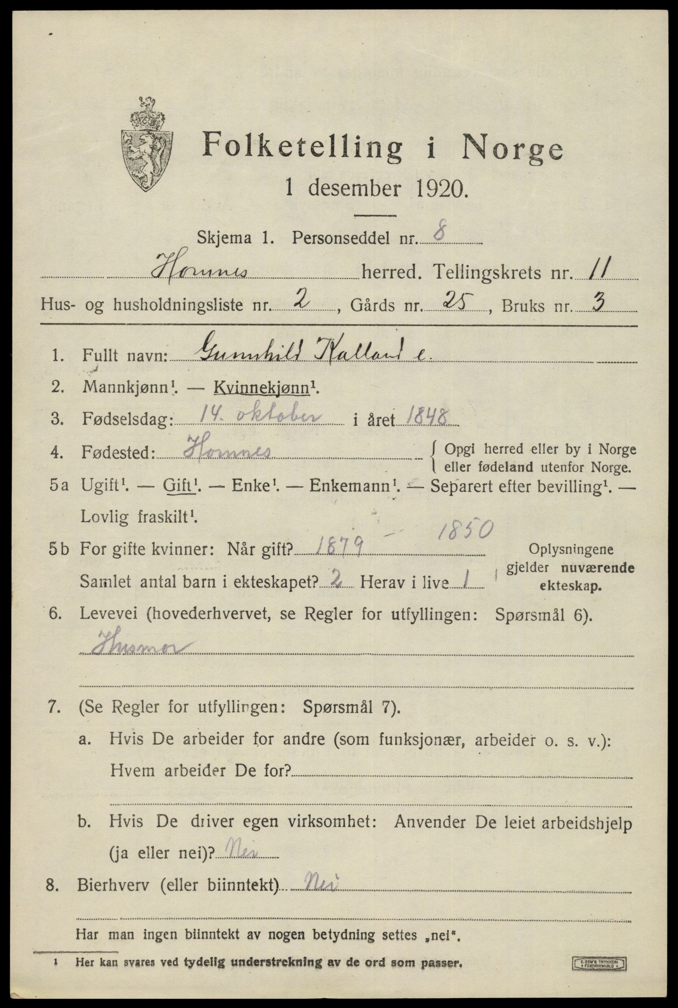 SAK, Folketelling 1920 for 0936 Hornnes herred, 1920, s. 2659
