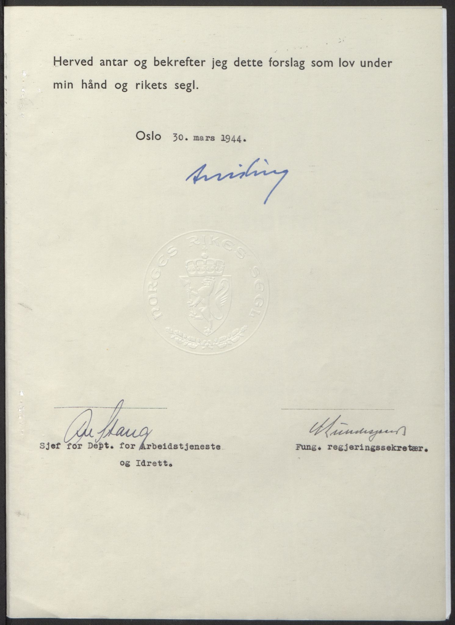 NS-administrasjonen 1940-1945 (Statsrådsekretariatet, de kommisariske statsråder mm), RA/S-4279/D/Db/L0100: Lover, 1944, s. 172