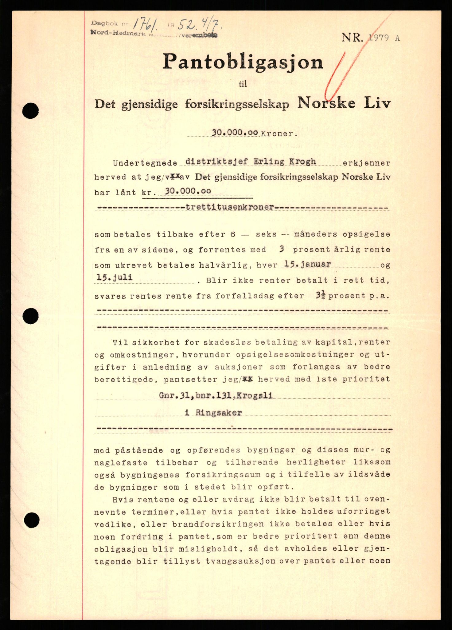 Nord-Hedmark sorenskriveri, SAH/TING-012/H/Hb/Hbf/L0025: Pantebok nr. B25, 1952-1952, Dagboknr: 1761/1952