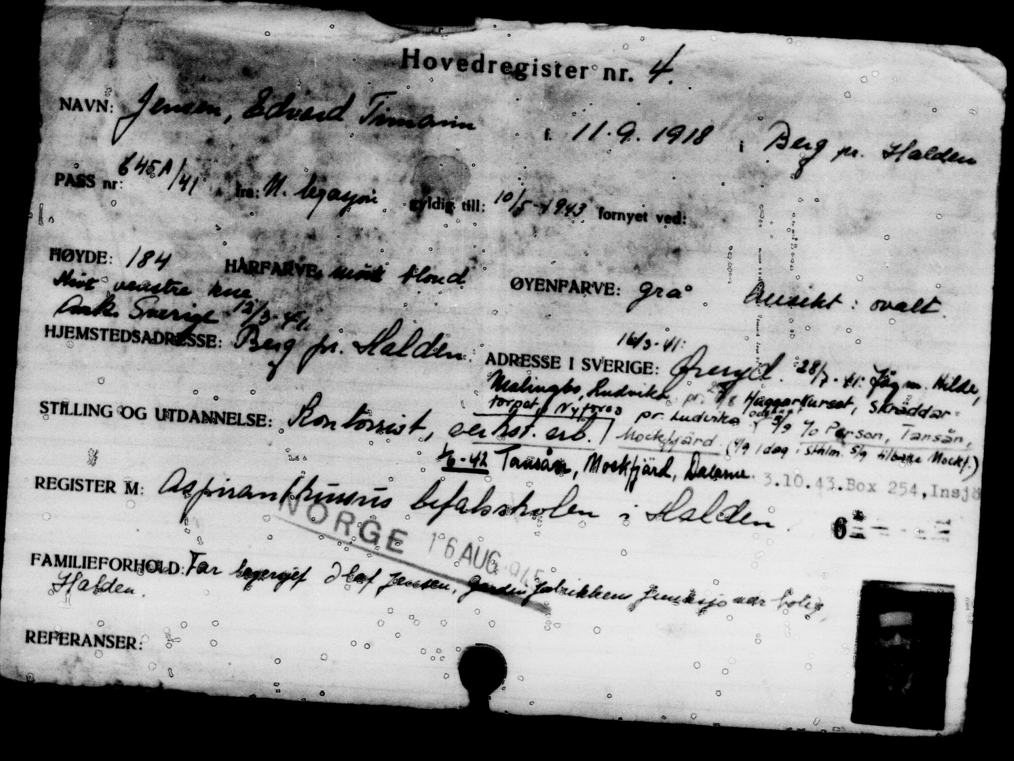 Utenriksstasjonene, Legasjonen i Stockholm, Flyktningkontoret, AV/RA-S-6753/V/Va/L0001: Kjesäterkartoteket, flyktninger med registreringsnr. 1-1000, 1940-1945, s. 6