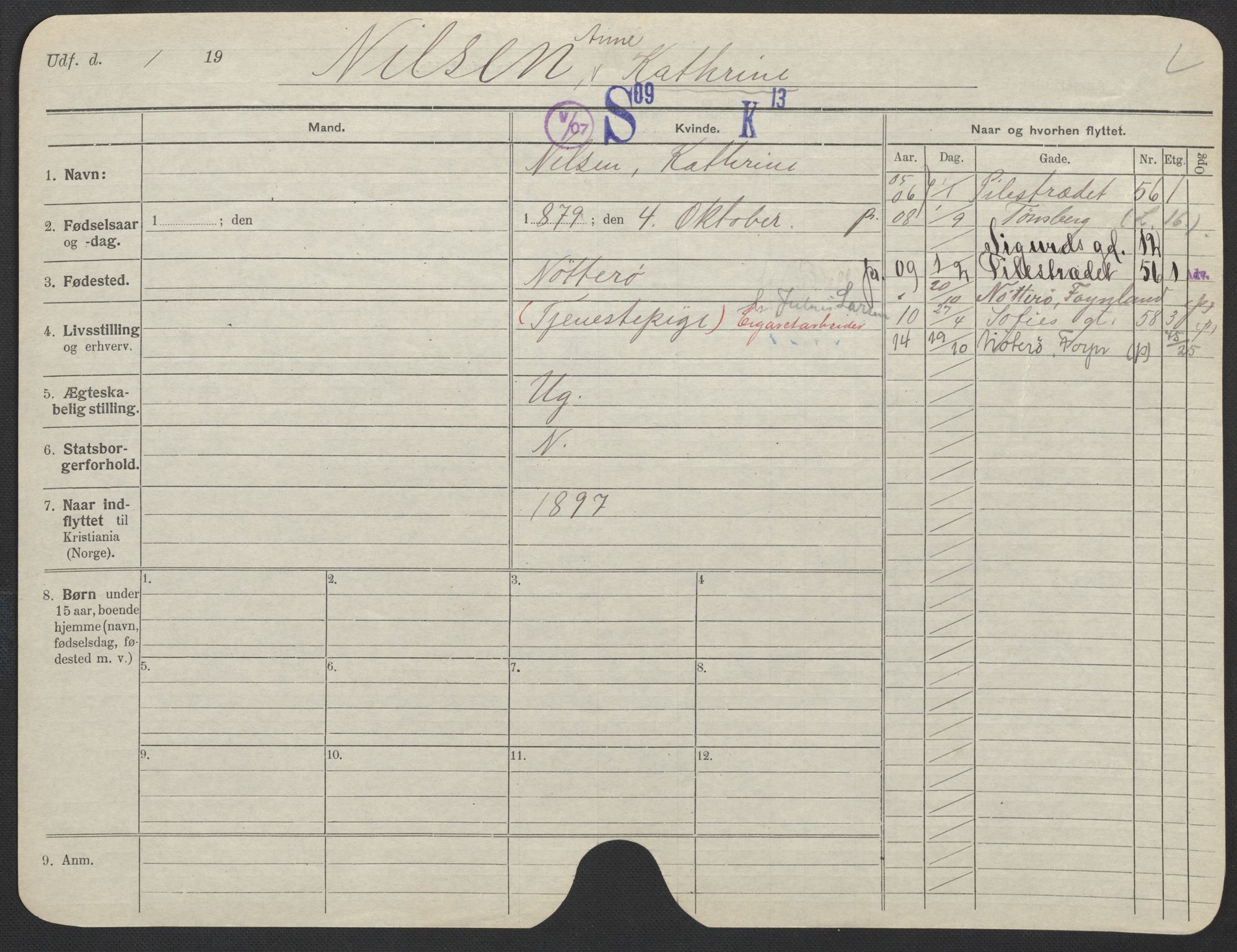 Oslo folkeregister, Registerkort, SAO/A-11715/F/Fa/Fac/L0021: Kvinner, 1906-1914, s. 334a