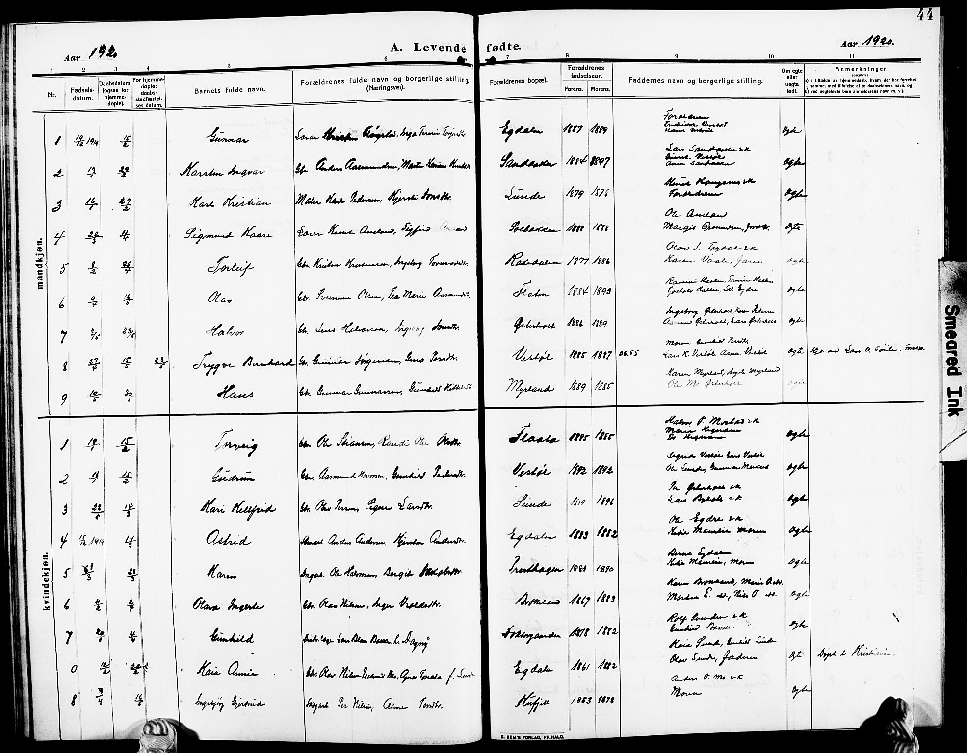 Gjerstad sokneprestkontor, AV/SAK-1111-0014/F/Fb/Fba/L0008: Klokkerbok nr. B 8, 1909-1925, s. 44