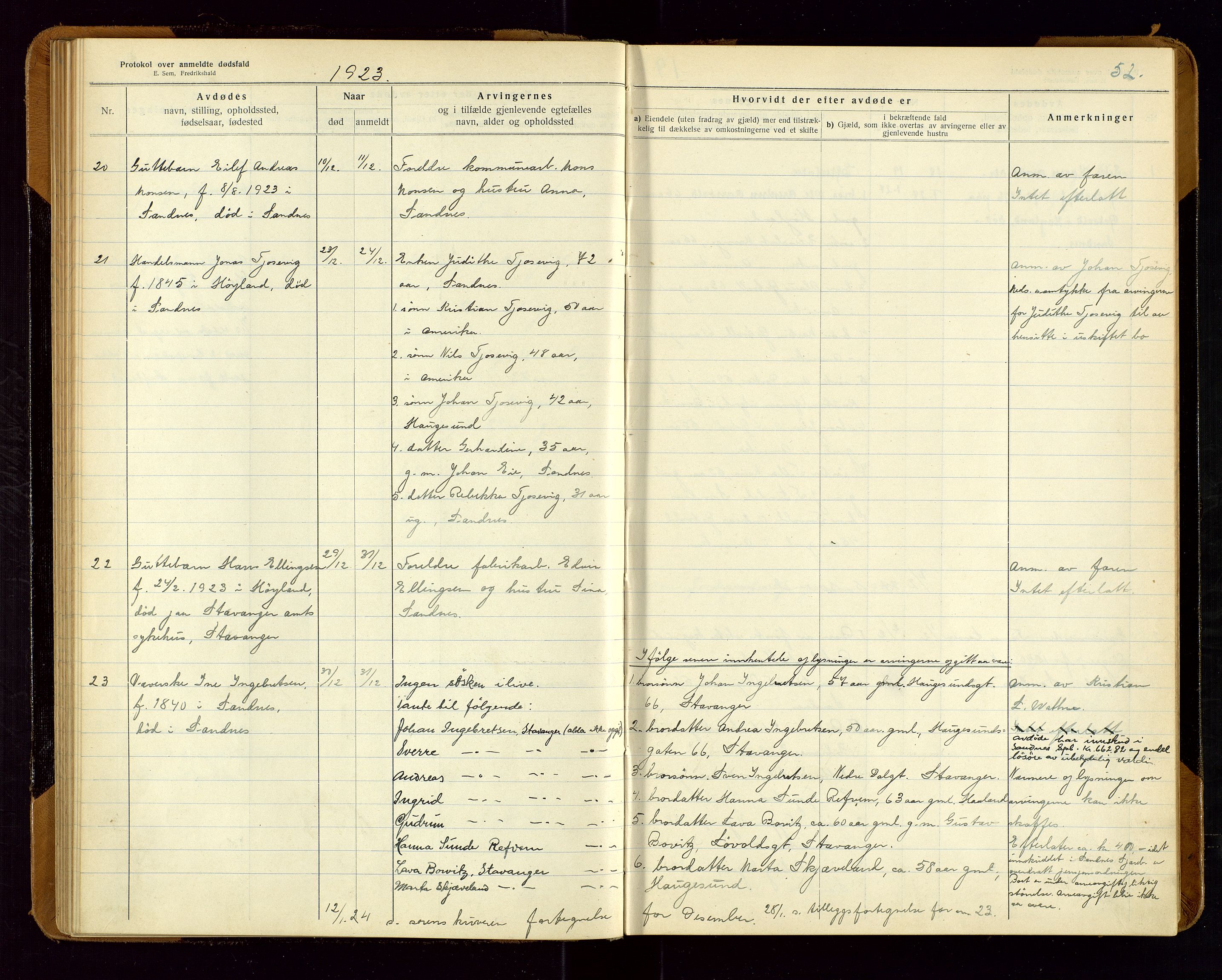 Sandnes lensmannskontor, AV/SAST-A-100167/Gga/L0001: "Protokol over anmeldte dødsfald" m/register, 1918-1940, s. 52