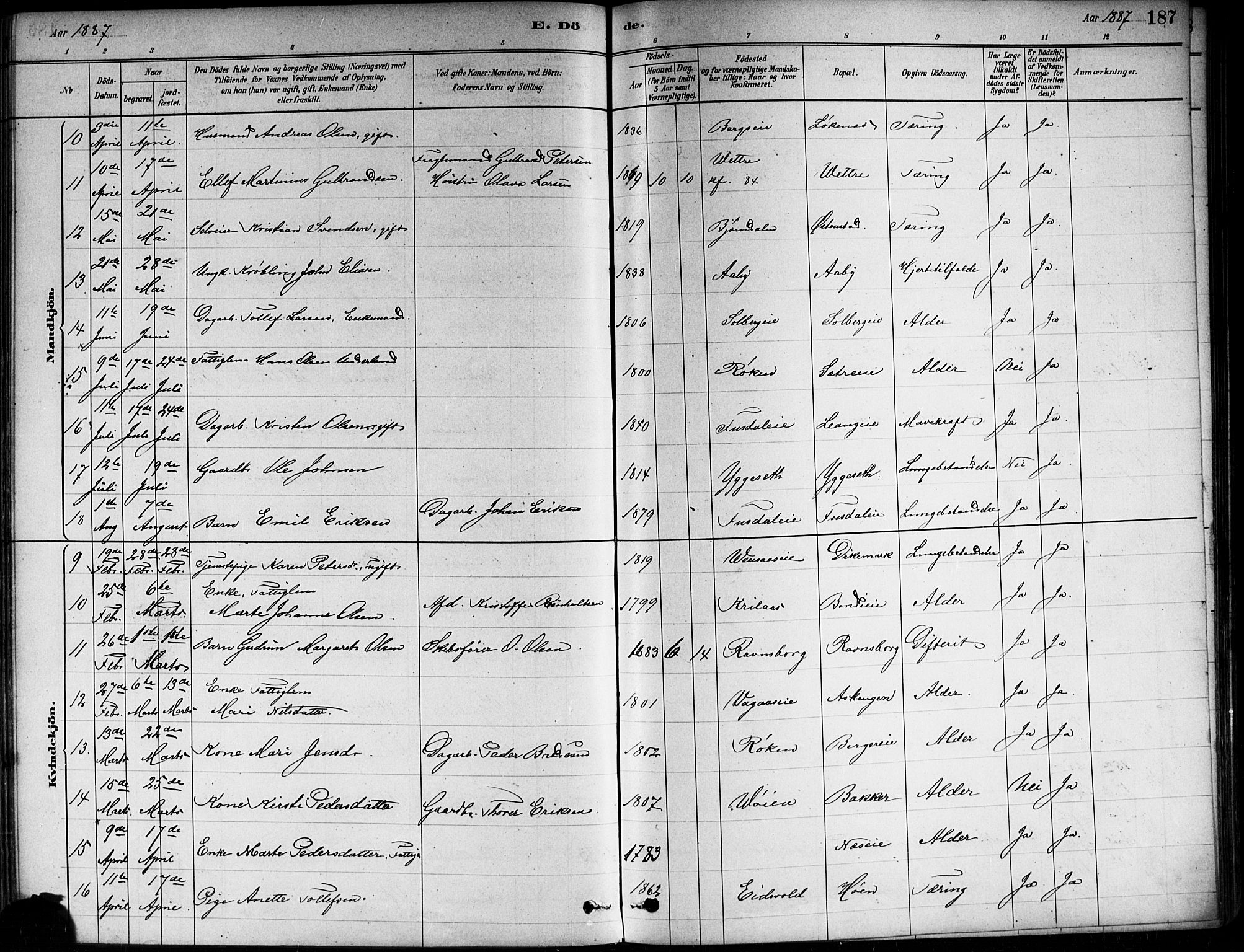 Asker prestekontor Kirkebøker, AV/SAO-A-10256a/F/Fa/L0013: Ministerialbok nr. I 13, 1879-1896, s. 187