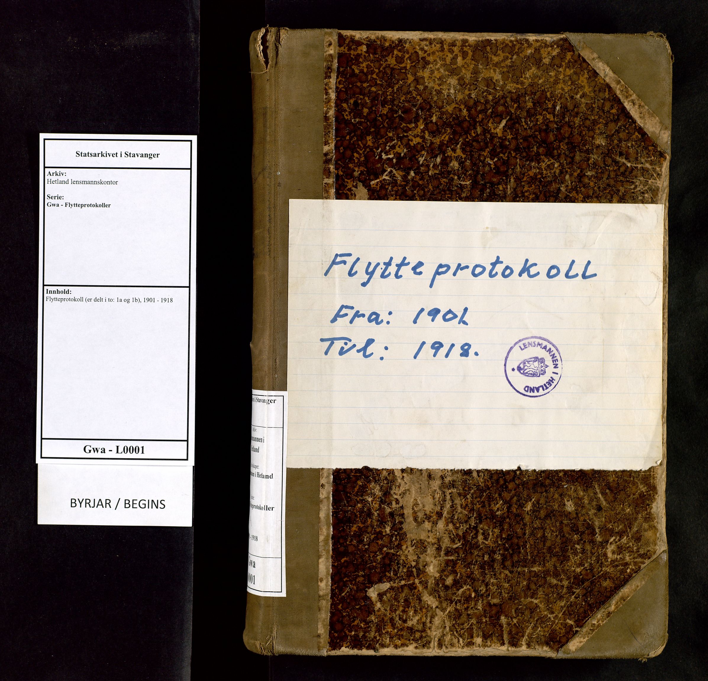 Hetland lensmannskontor, SAST/A-100101/Gwa/L0001: Flytteprotokoll (er delt i to: 1a og 1b), 1901-1918, s. 1