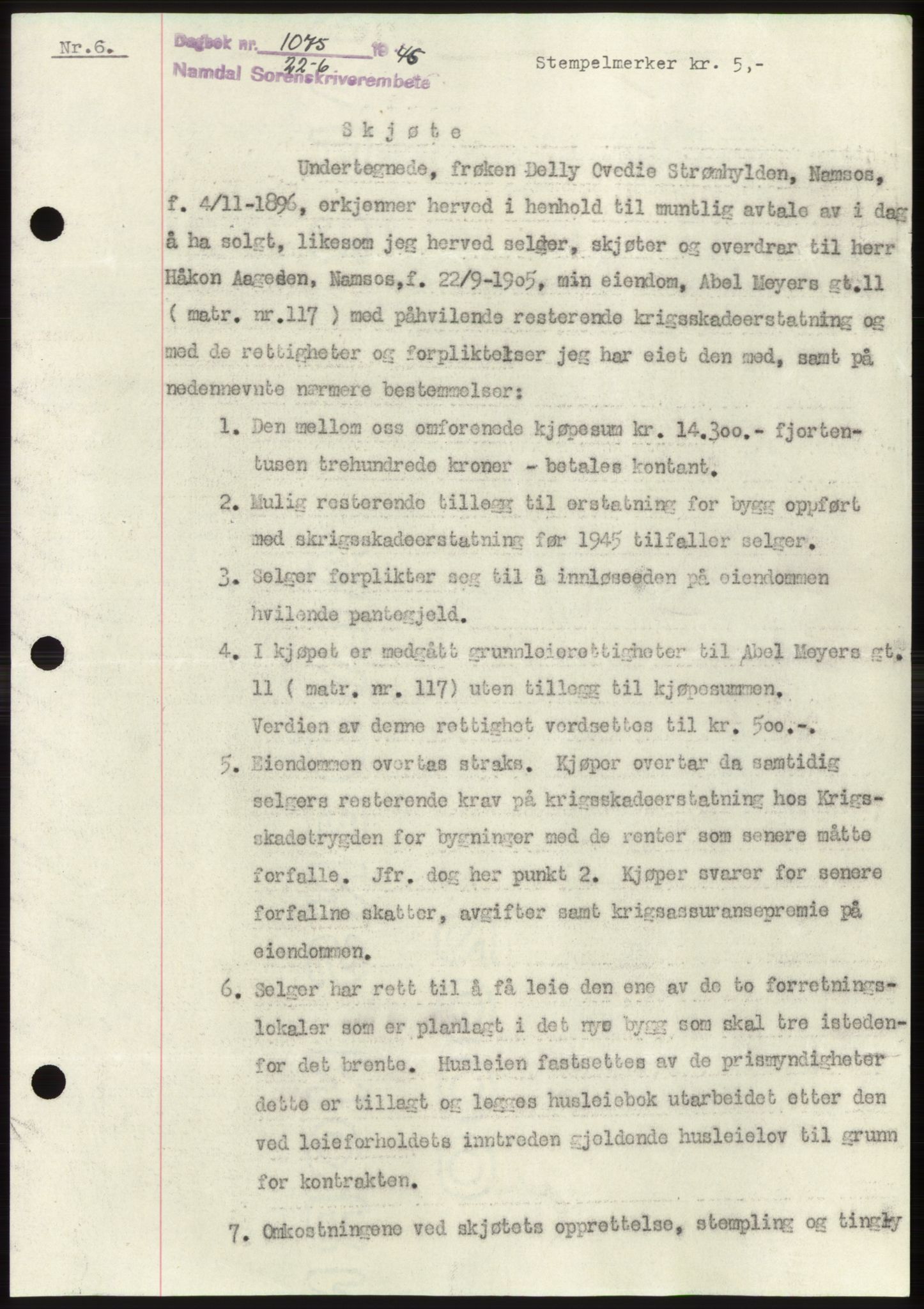 Namdal sorenskriveri, SAT/A-4133/1/2/2C: Pantebok nr. -, 1946-1946, Dagboknr: 1075/1946