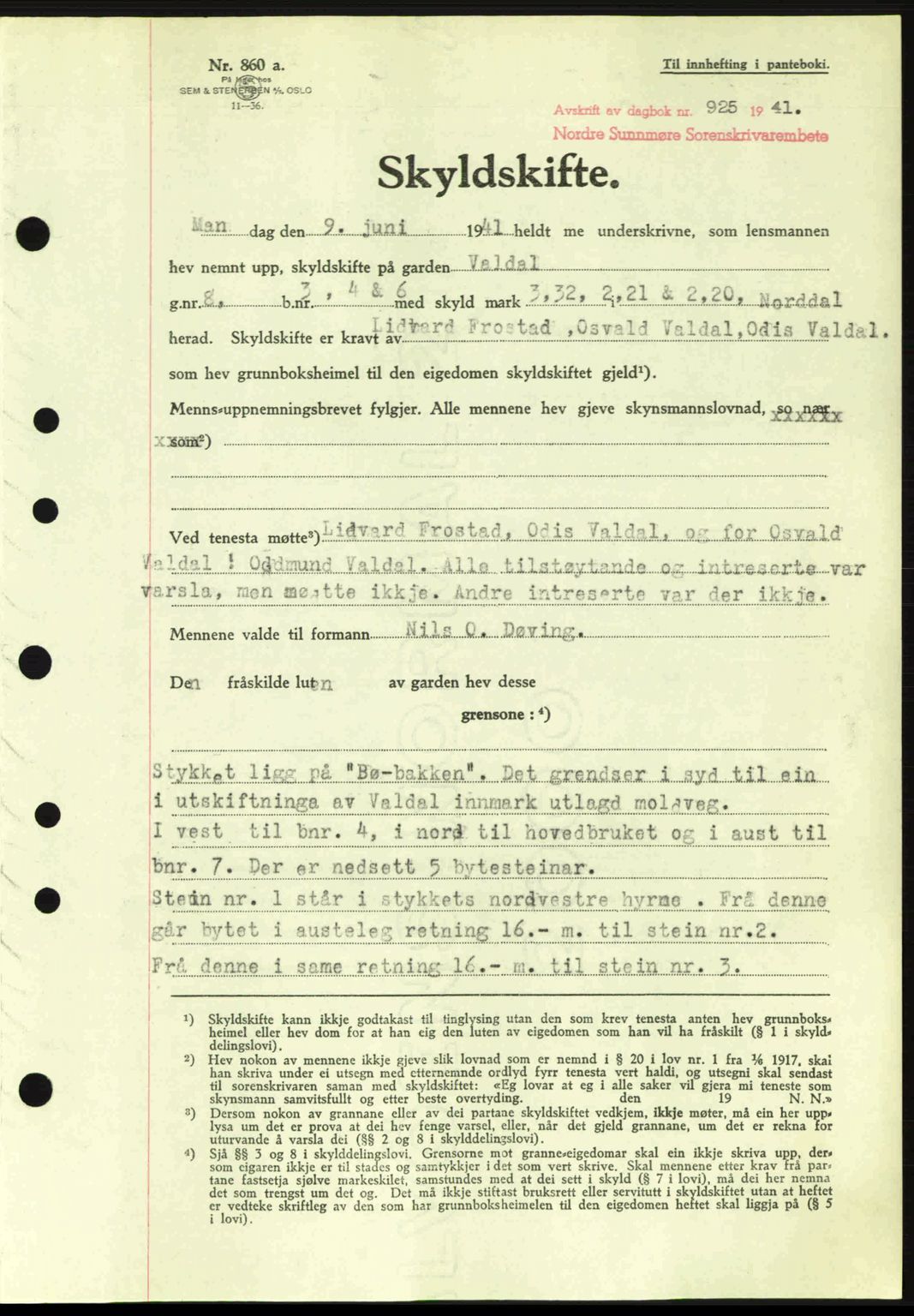 Nordre Sunnmøre sorenskriveri, SAT/A-0006/1/2/2C/2Ca: Pantebok nr. A11, 1941-1941, Dagboknr: 925/1941