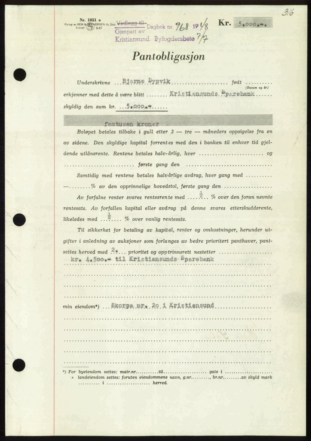 Kristiansund byfogd, AV/SAT-A-4587/A/27: Pantebok nr. 44, 1947-1948, Dagboknr: 968/1948