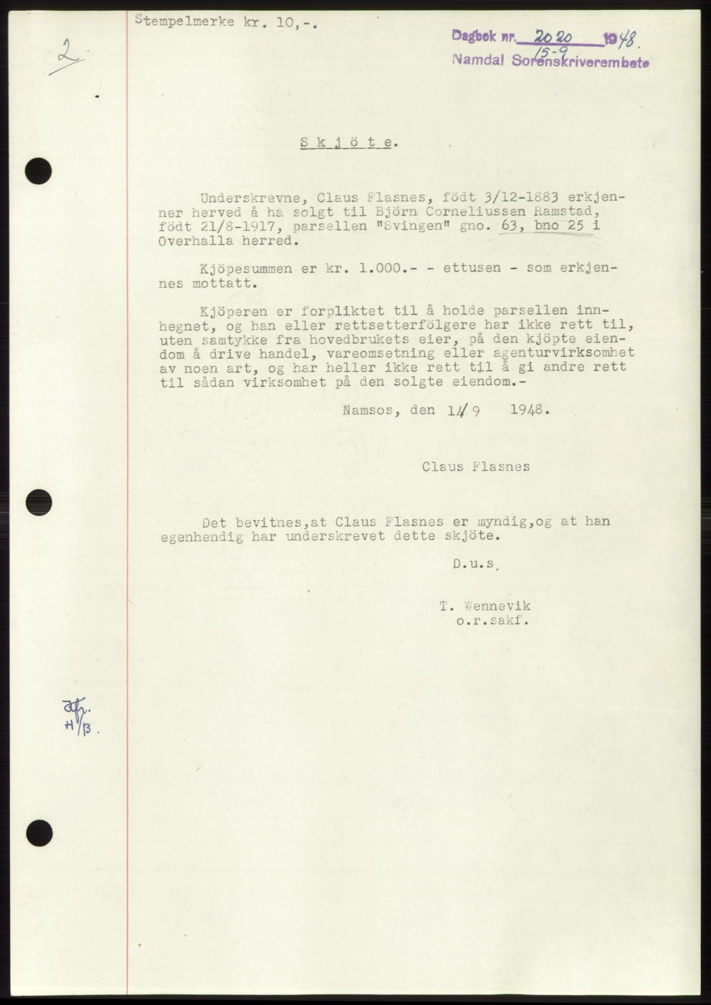 Namdal sorenskriveri, SAT/A-4133/1/2/2C: Pantebok nr. -, 1948-1948, Dagboknr: 2020/1948