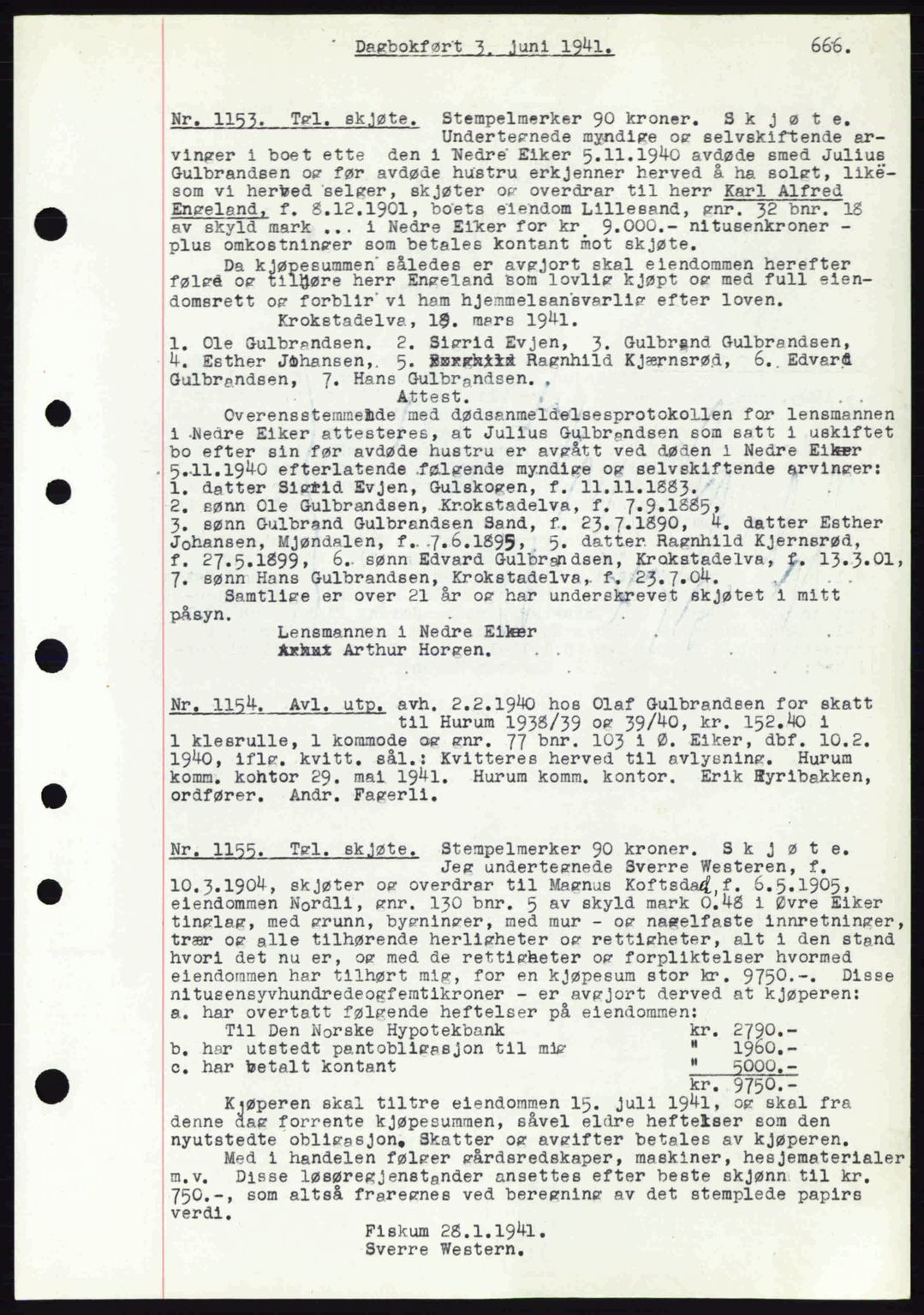 Eiker, Modum og Sigdal sorenskriveri, SAKO/A-123/G/Ga/Gab/L0043: Pantebok nr. A13, 1940-1941, Dagboknr: 1153/1941