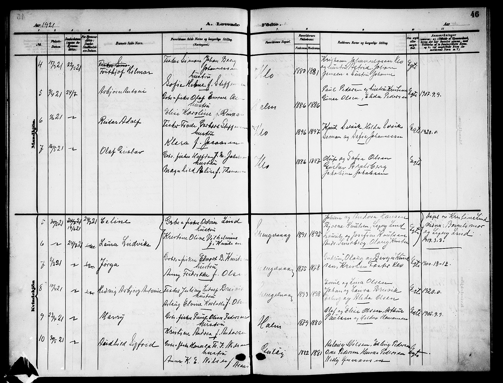 Ministerialprotokoller, klokkerbøker og fødselsregistre - Nordland, AV/SAT-A-1459/894/L1361: Klokkerbok nr. 894C04, 1905-1922, s. 46