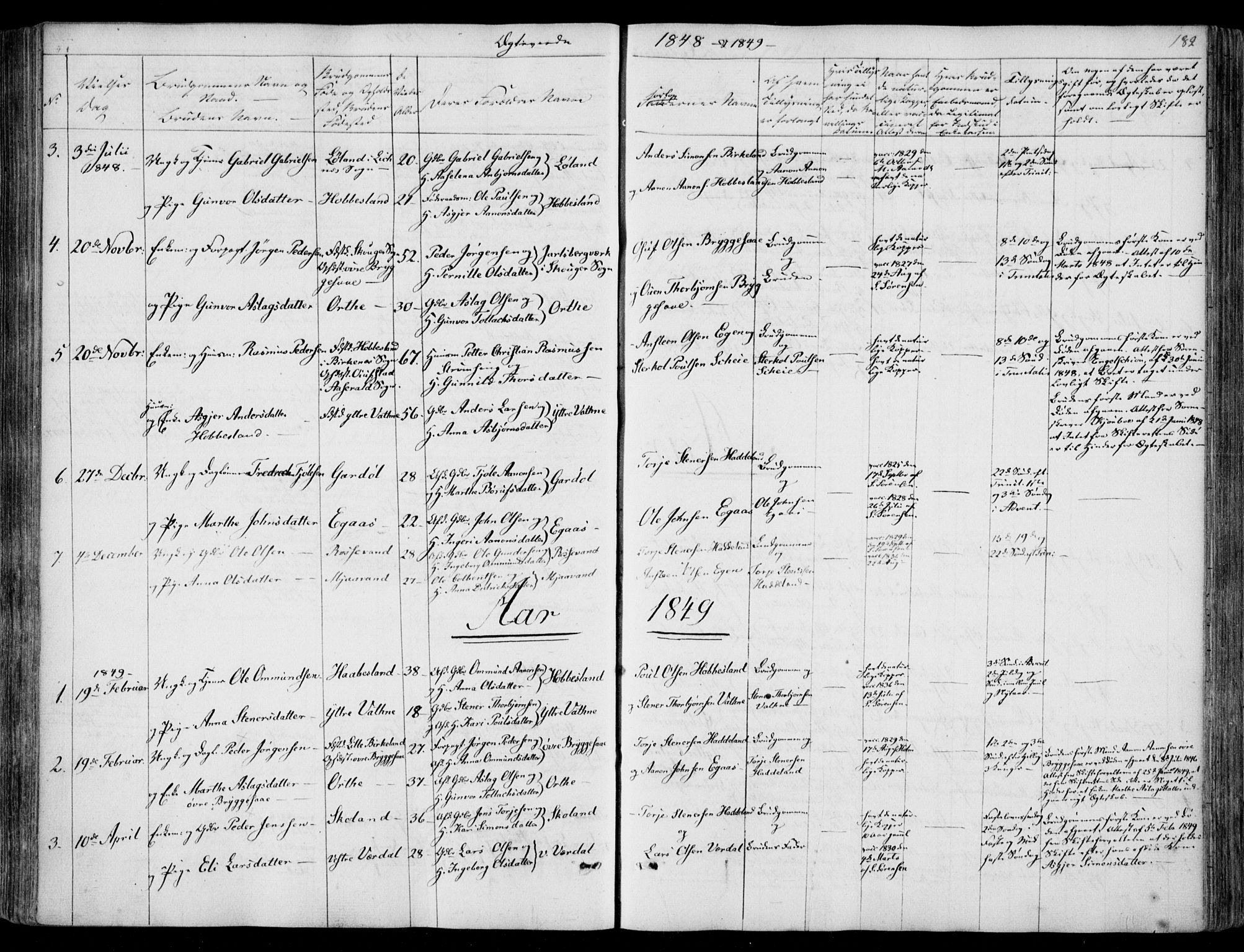 Hægebostad sokneprestkontor, SAK/1111-0024/F/Fa/Fab/L0002: Ministerialbok nr. A 2, 1836-1872, s. 182