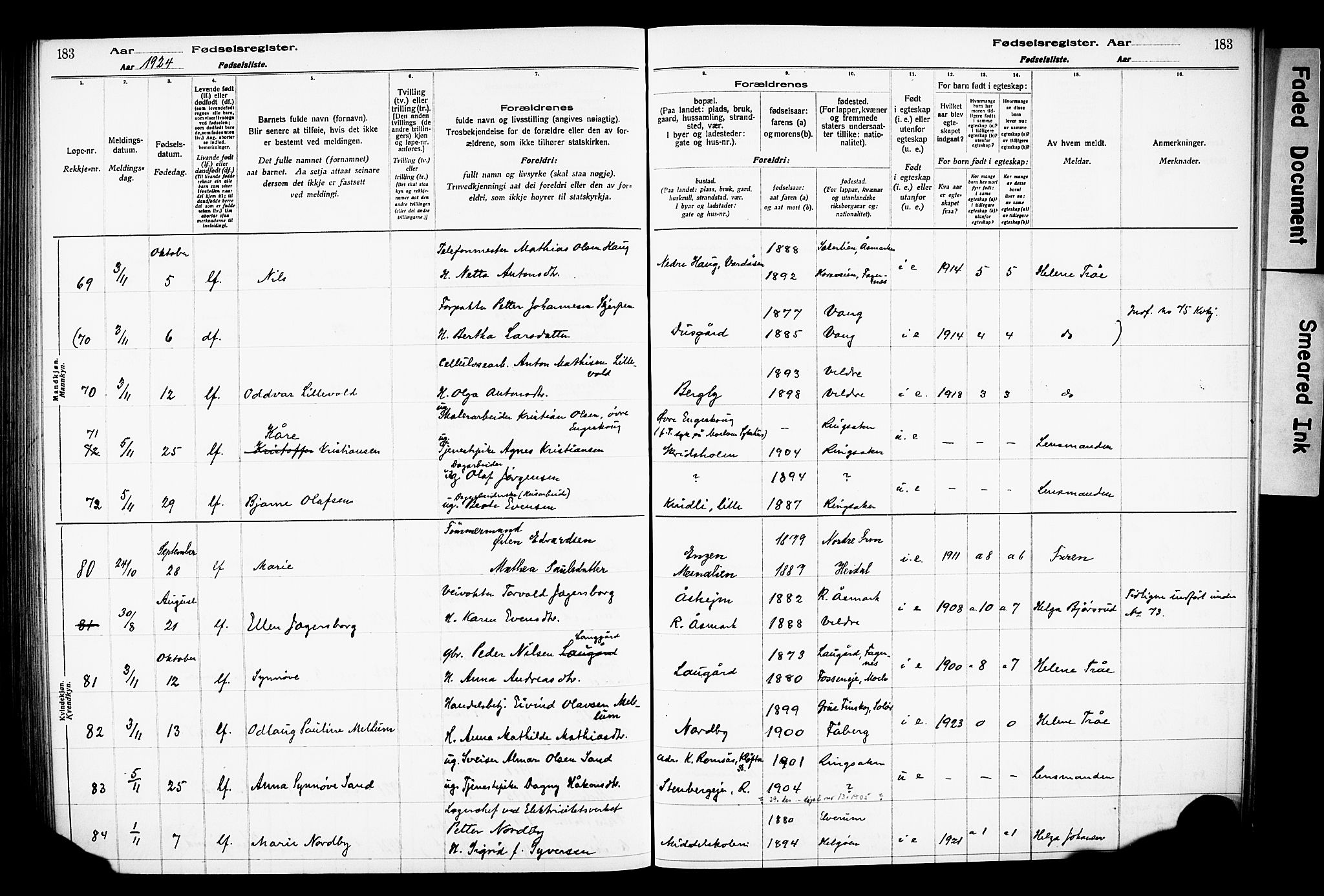 Ringsaker prestekontor, AV/SAH-PREST-014/O/Oa/L0001: Fødselsregister nr. 1, 1916-1925, s. 183