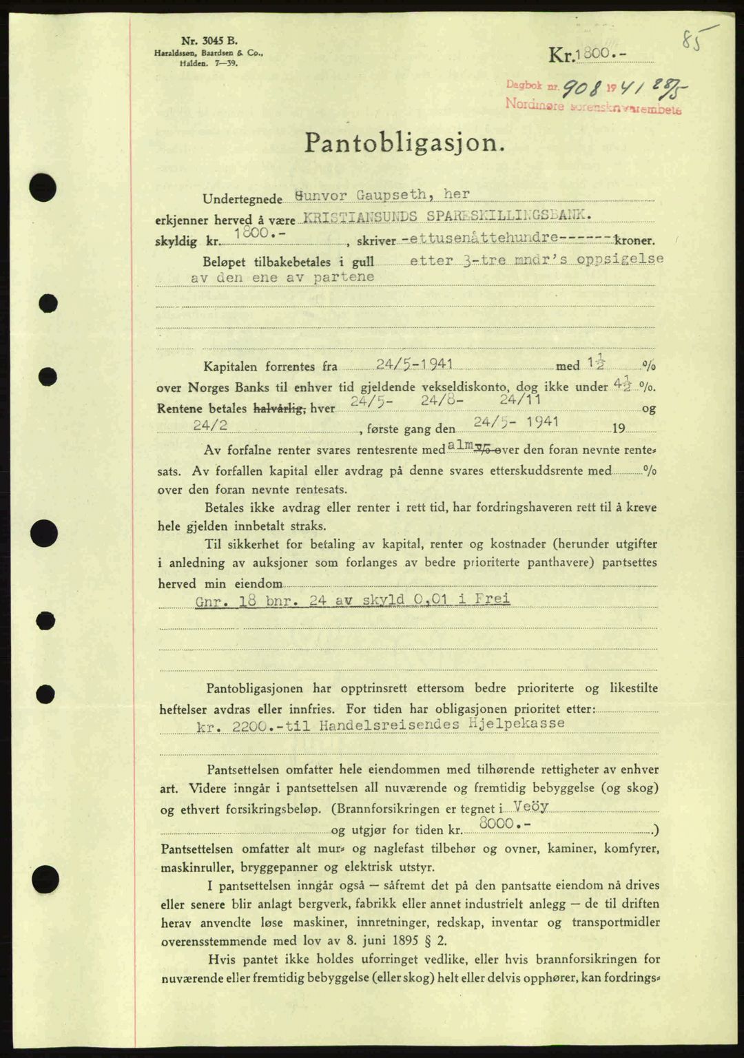 Nordmøre sorenskriveri, SAT/A-4132/1/2/2Ca: Pantebok nr. B88, 1941-1942, Dagboknr: 908/1941
