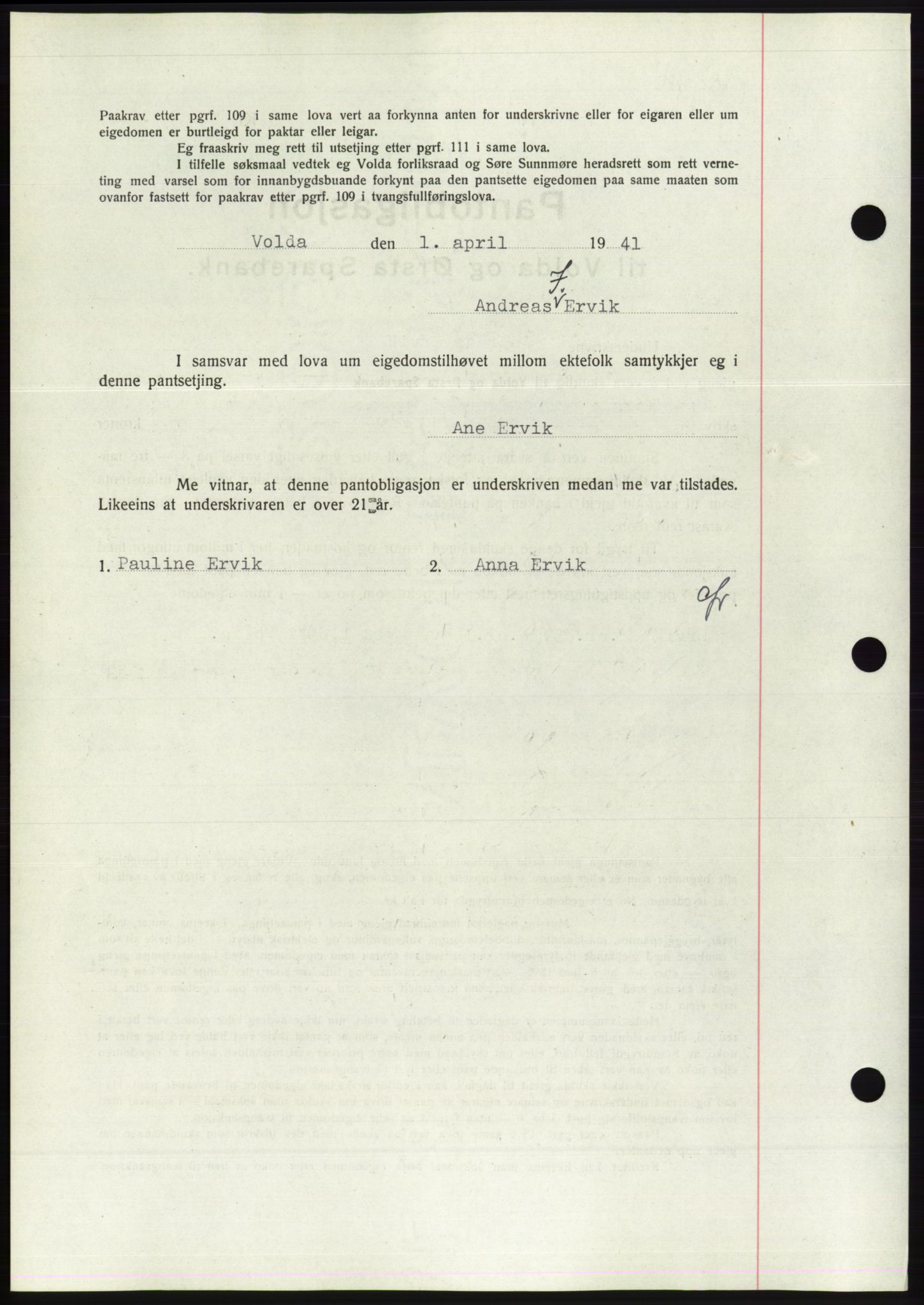 Søre Sunnmøre sorenskriveri, AV/SAT-A-4122/1/2/2C/L0071: Pantebok nr. 65, 1941-1941, Dagboknr: 307/1941