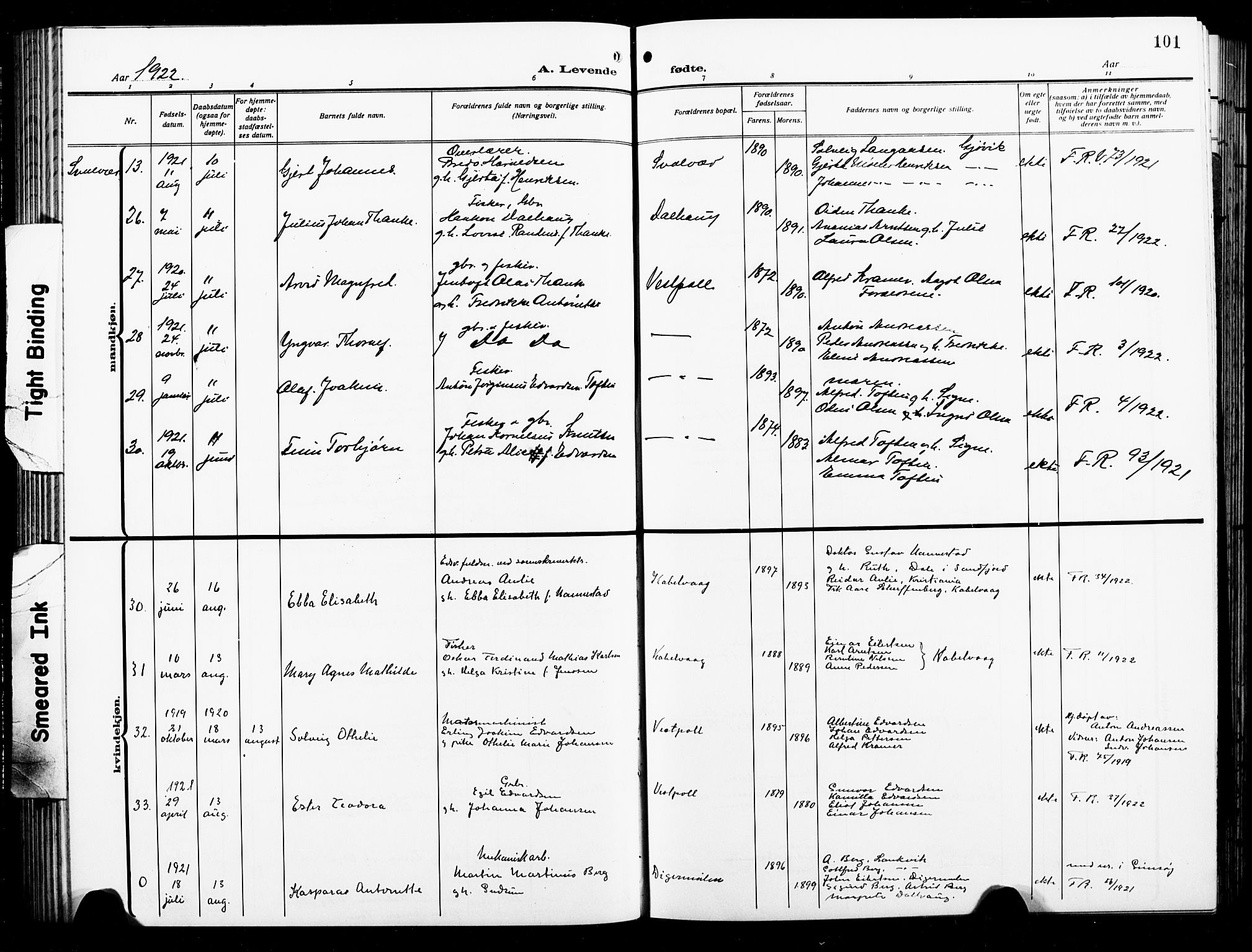 Ministerialprotokoller, klokkerbøker og fødselsregistre - Nordland, AV/SAT-A-1459/874/L1080: Klokkerbok nr. 874C09, 1915-1925, s. 101