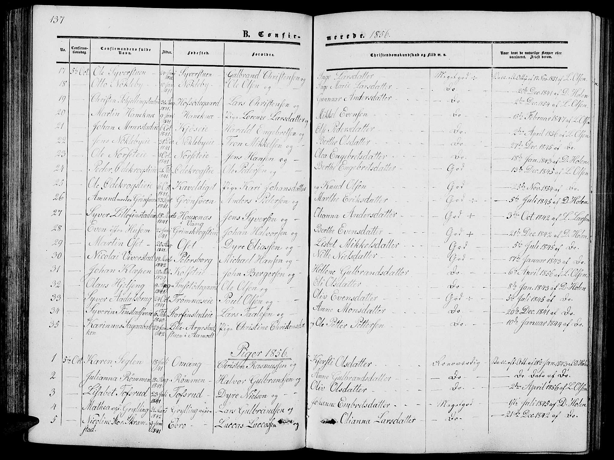 Løten prestekontor, AV/SAH-PREST-022/L/La/L0003: Klokkerbok nr. 3, 1850-1862, s. 137