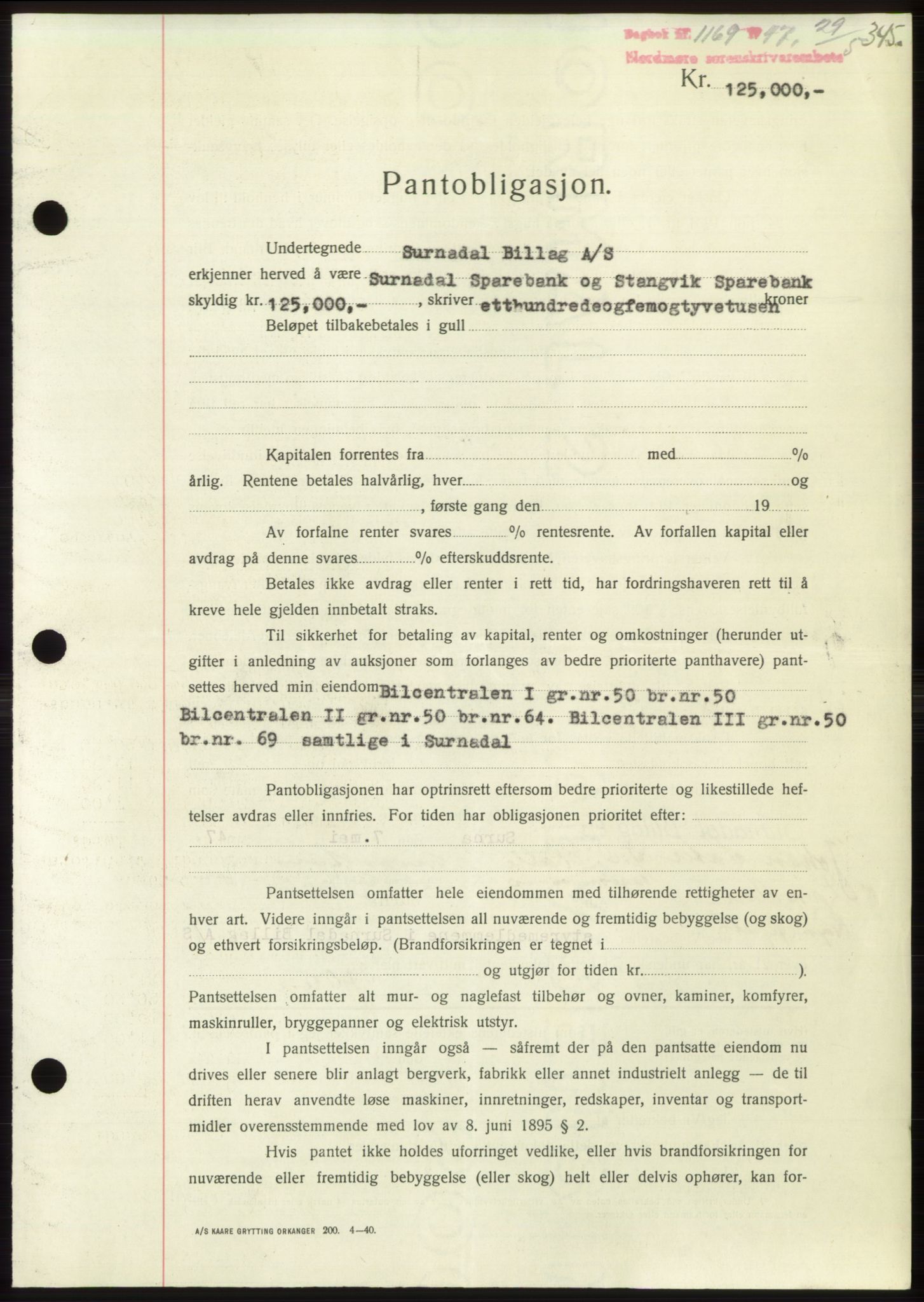 Nordmøre sorenskriveri, SAT/A-4132/1/2/2Ca: Pantebok nr. B96, 1947-1947, Dagboknr: 1169/1947