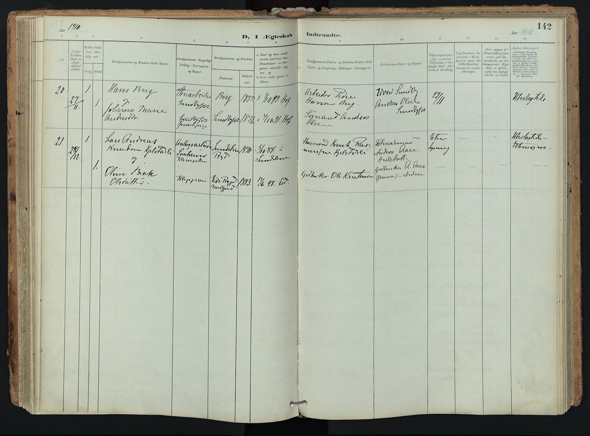 Hof kirkebøker, AV/SAKO-A-64/F/Fa/L0008: Ministerialbok nr. I 8, 1902-1921, s. 142