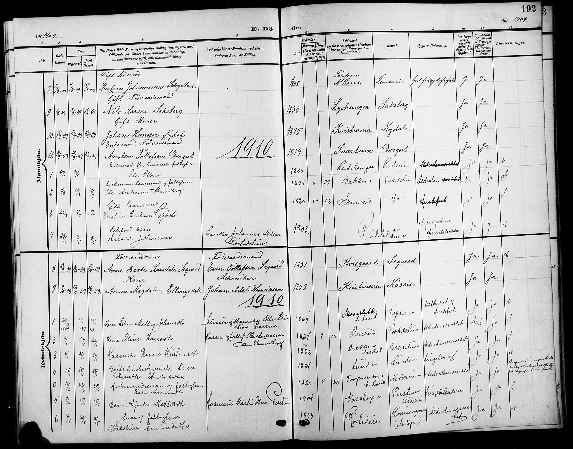 Biri prestekontor, AV/SAH-PREST-096/H/Ha/Hab/L0005: Klokkerbok nr. 5, 1906-1919, s. 192