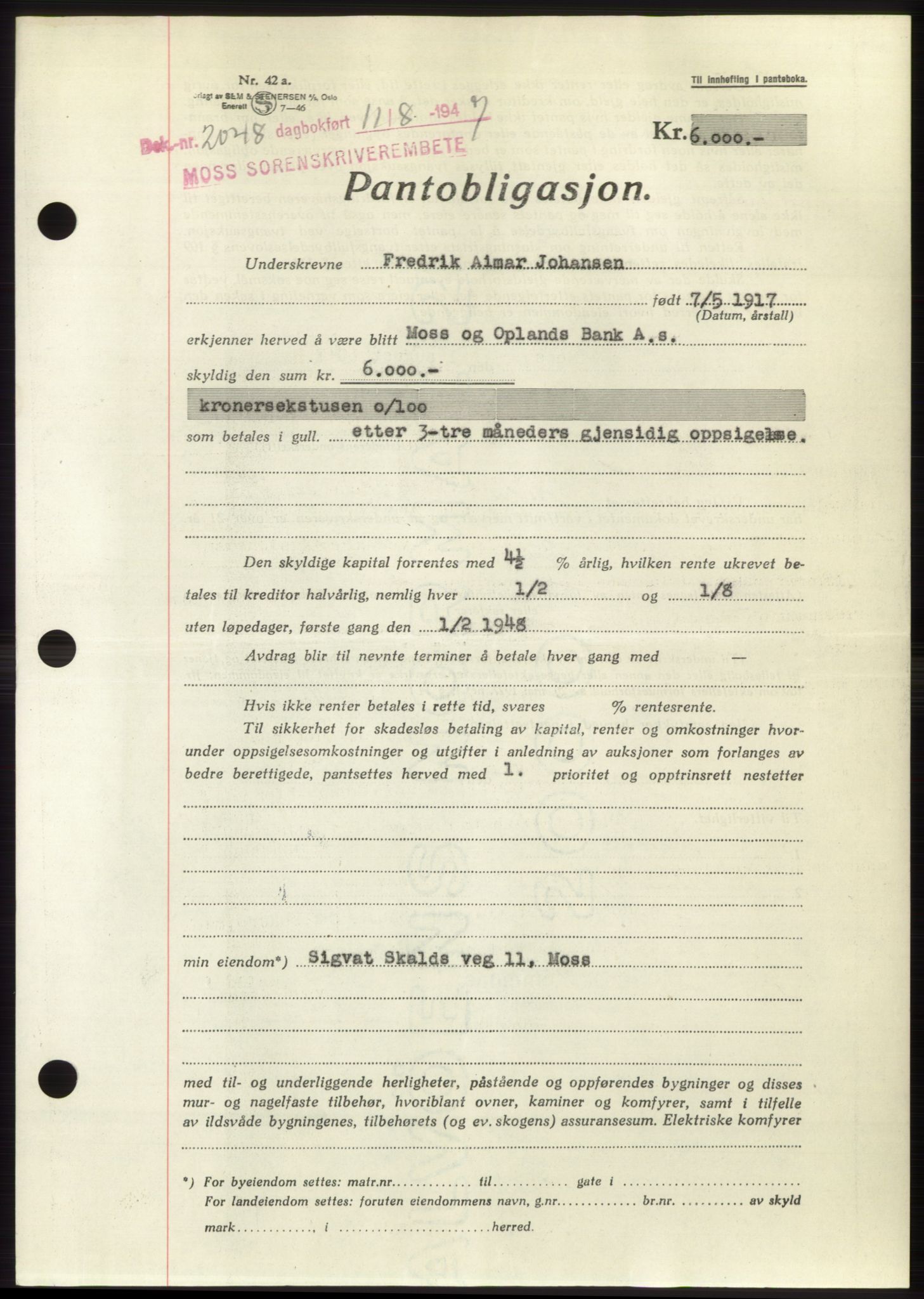 Moss sorenskriveri, SAO/A-10168: Pantebok nr. B17, 1947-1947, Dagboknr: 2048/1947