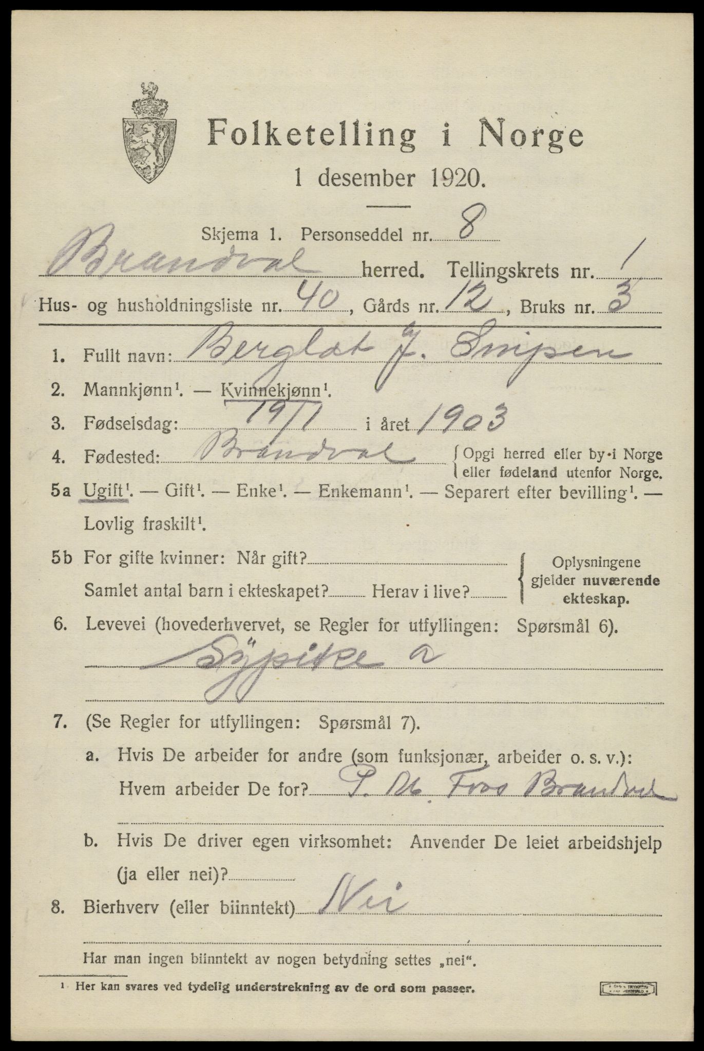 SAH, Folketelling 1920 for 0422 Brandval herred, 1920, s. 2038