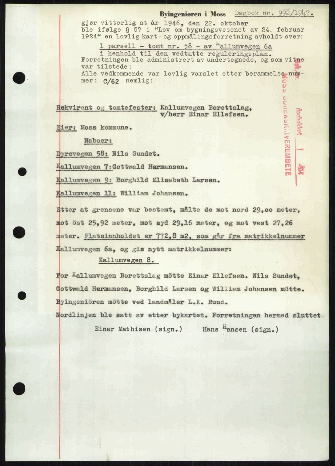 Moss sorenskriveri, SAO/A-10168: Pantebok nr. A17, 1947-1947, Dagboknr: 992/1947