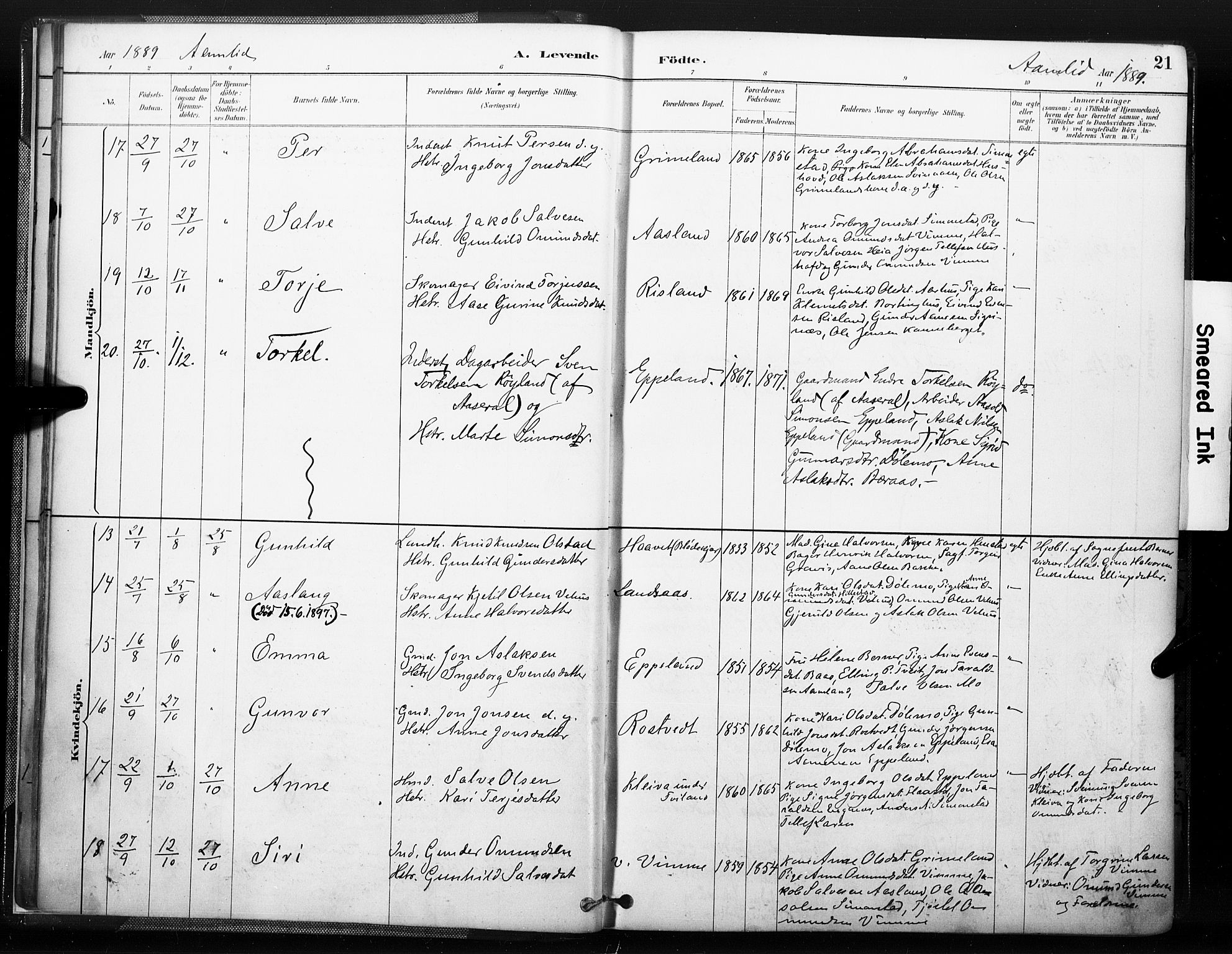 Åmli sokneprestkontor, AV/SAK-1111-0050/F/Fa/Fac/L0010: Ministerialbok nr. A 10 /1, 1885-1899, s. 21
