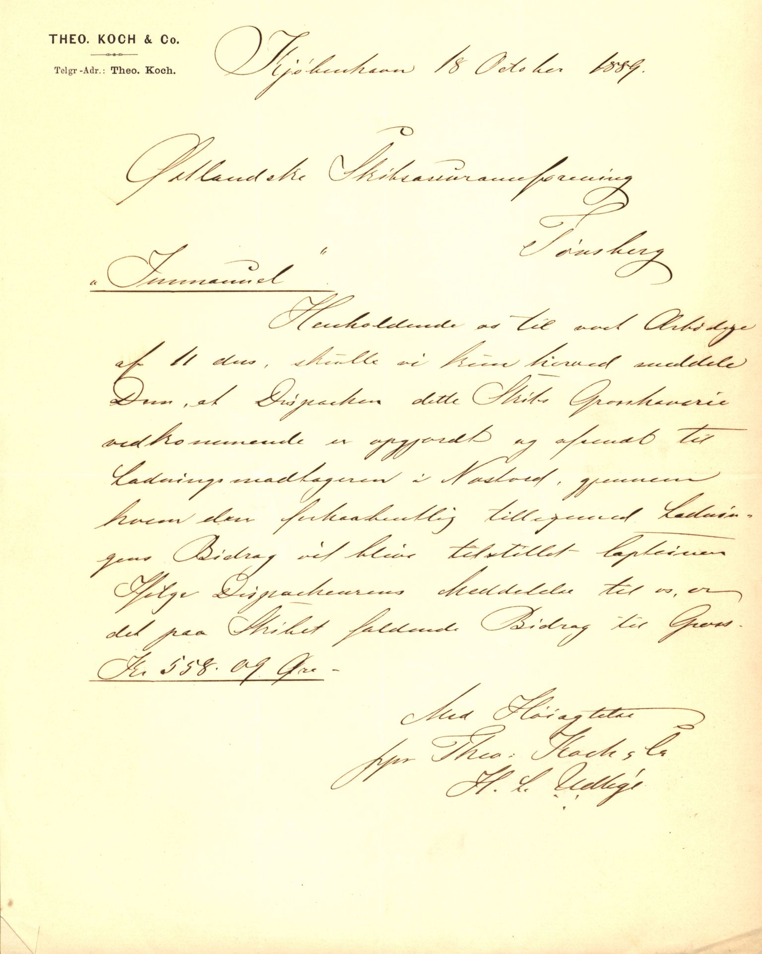 Pa 63 - Østlandske skibsassuranceforening, VEMU/A-1079/G/Ga/L0023/0008: Havaridokumenter / Immanuel, Wilhelm, Tobine, Diaz, Esmeralda, Tjømø, 1889, s. 8