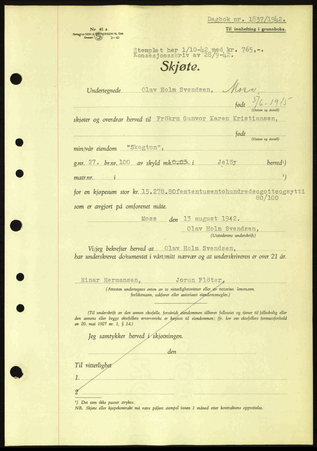 Moss sorenskriveri, SAO/A-10168: Pantebok nr. A10, 1942-1943, Dagboknr: 1837/1942