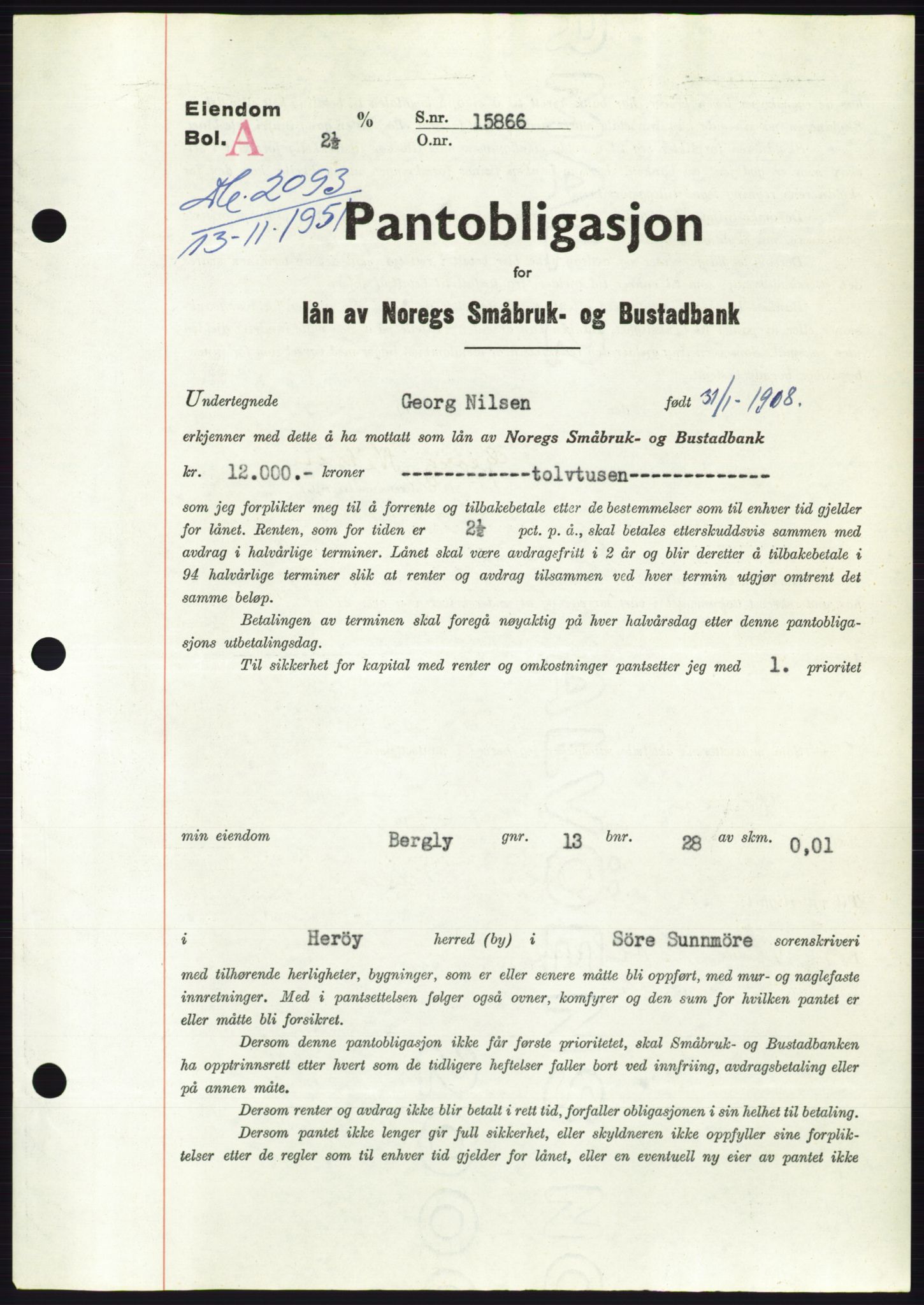 Søre Sunnmøre sorenskriveri, SAT/A-4122/1/2/2C/L0120: Pantebok nr. 8B, 1951-1951, Dagboknr: 2093/1951