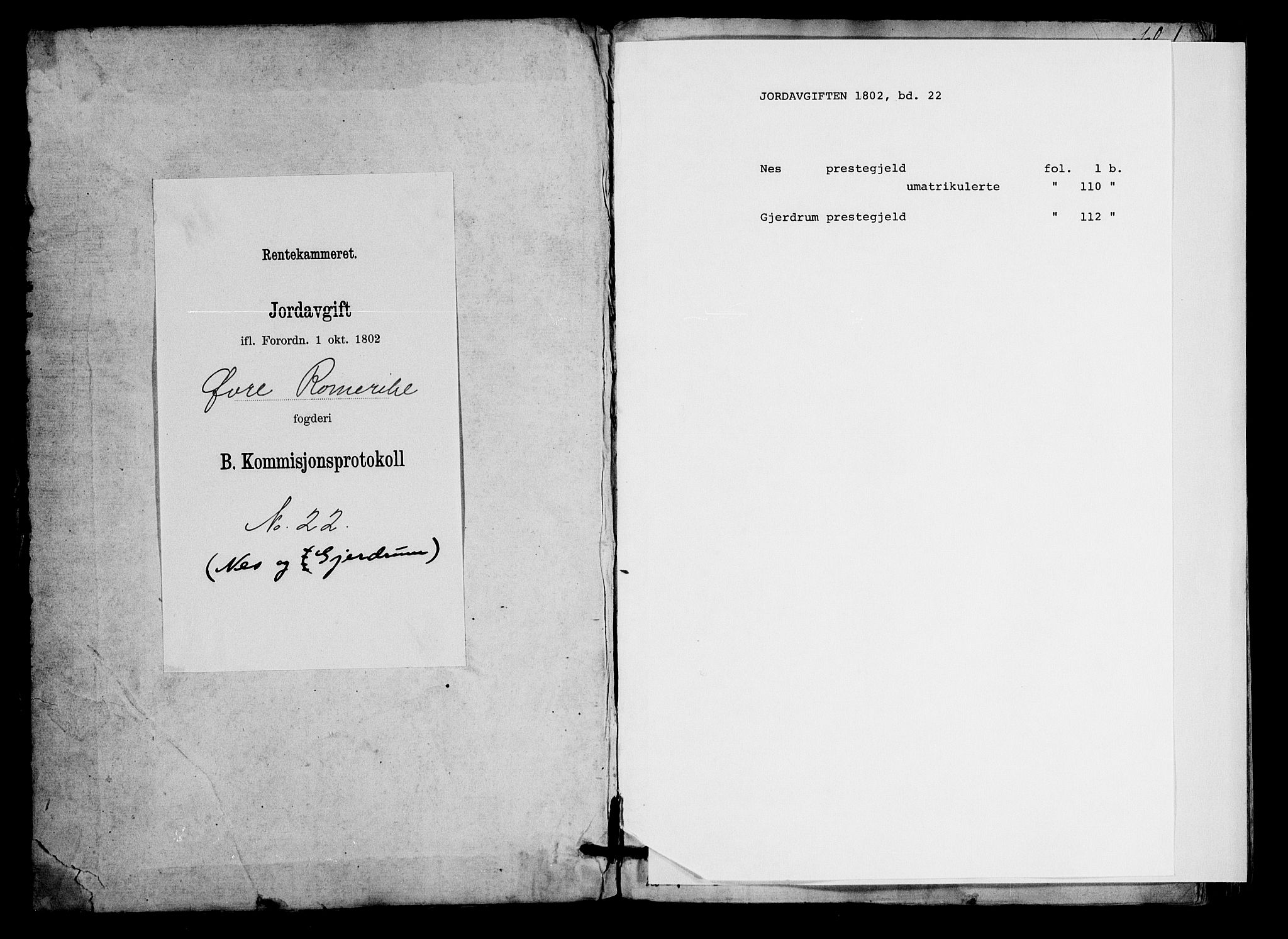 Rentekammeret inntil 1814, Realistisk ordnet avdeling, RA/EA-4070/N/Ne/Nea/L0022: Øvre Romerike fogderi. Kommisjonsprotokoll for Nes og Gjerdrum prestegjeld, 1803, s. 1