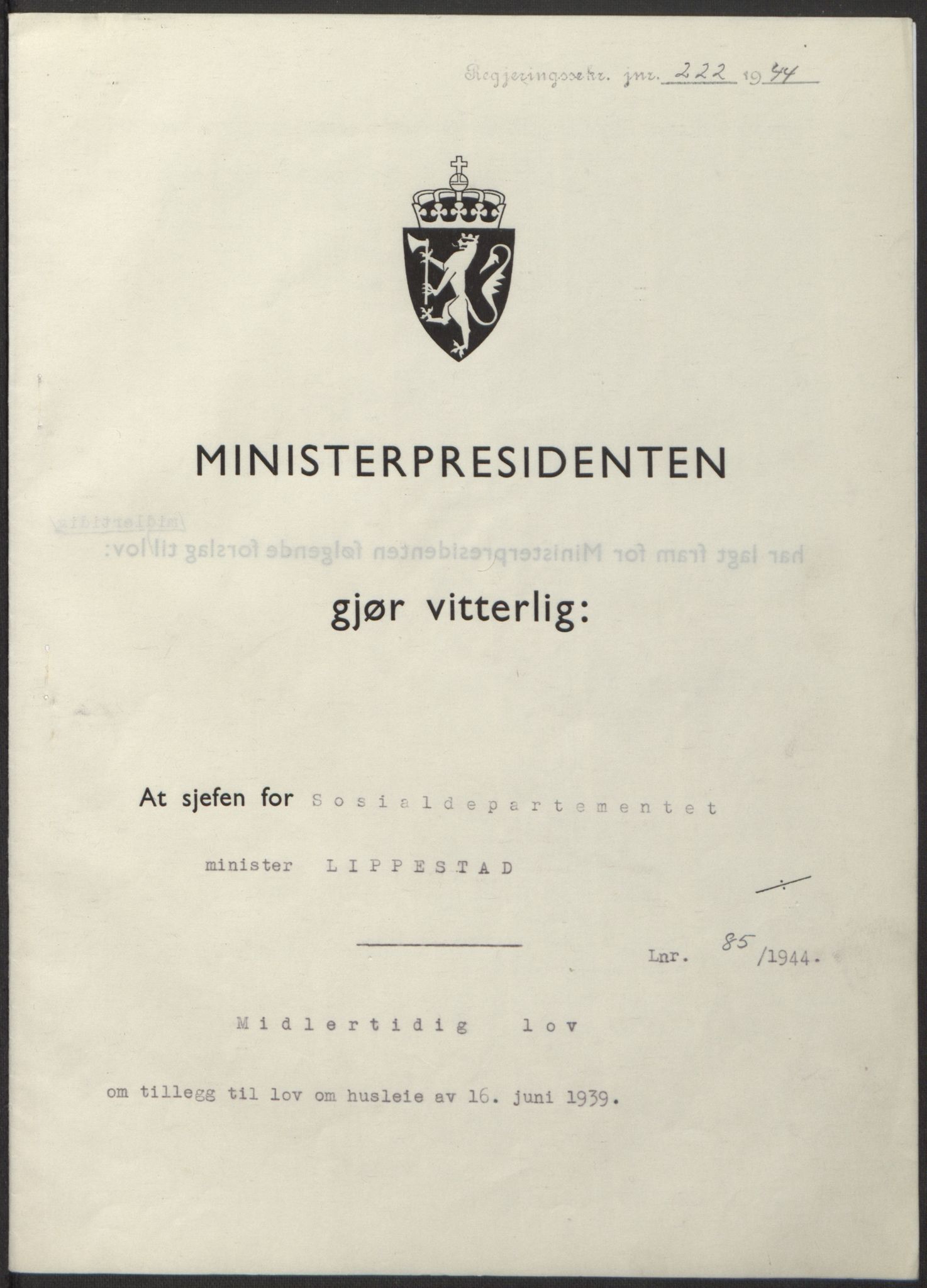 NS-administrasjonen 1940-1945 (Statsrådsekretariatet, de kommisariske statsråder mm), AV/RA-S-4279/D/Db/L0100: Lover, 1944, s. 399