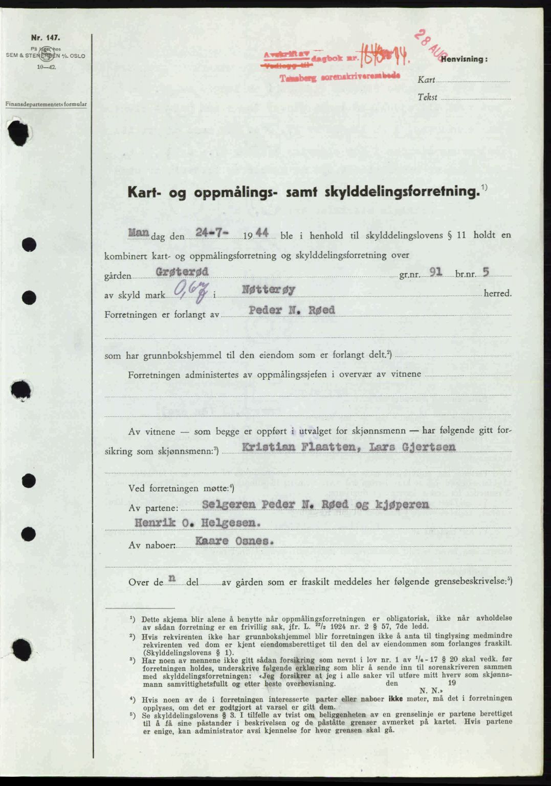 Tønsberg sorenskriveri, AV/SAKO-A-130/G/Ga/Gaa/L0015: Pantebok nr. A15, 1944-1944, Dagboknr: 1843/1944