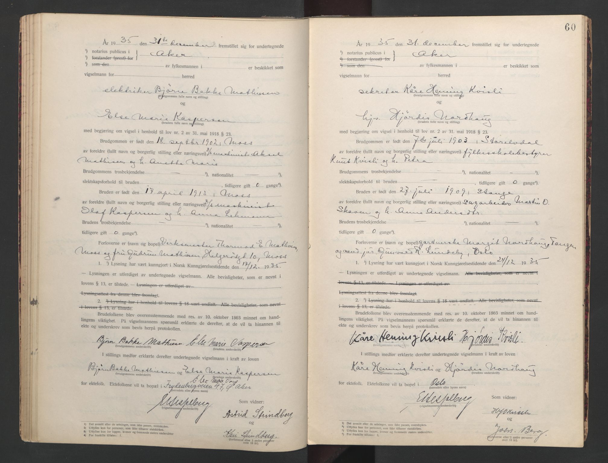 Aker sorenskriveri, AV/SAO-A-10895/L/Lc/Lcb/L0008: Vigselprotokoll, 1935-1936, s. 60