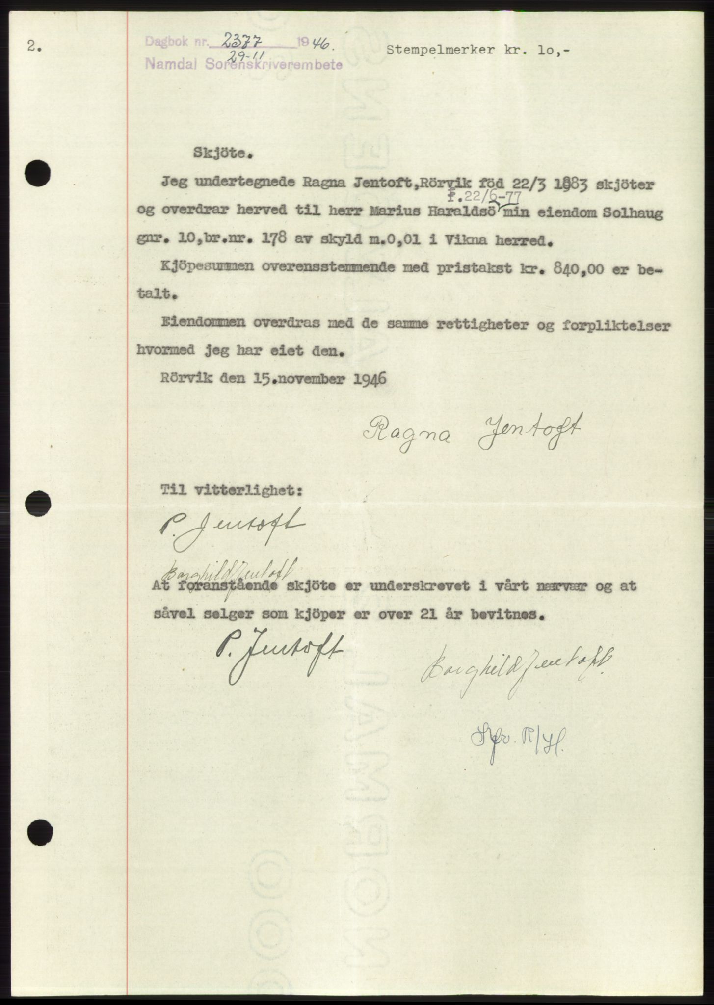 Namdal sorenskriveri, SAT/A-4133/1/2/2C: Pantebok nr. -, 1946-1947, Dagboknr: 2377/1946