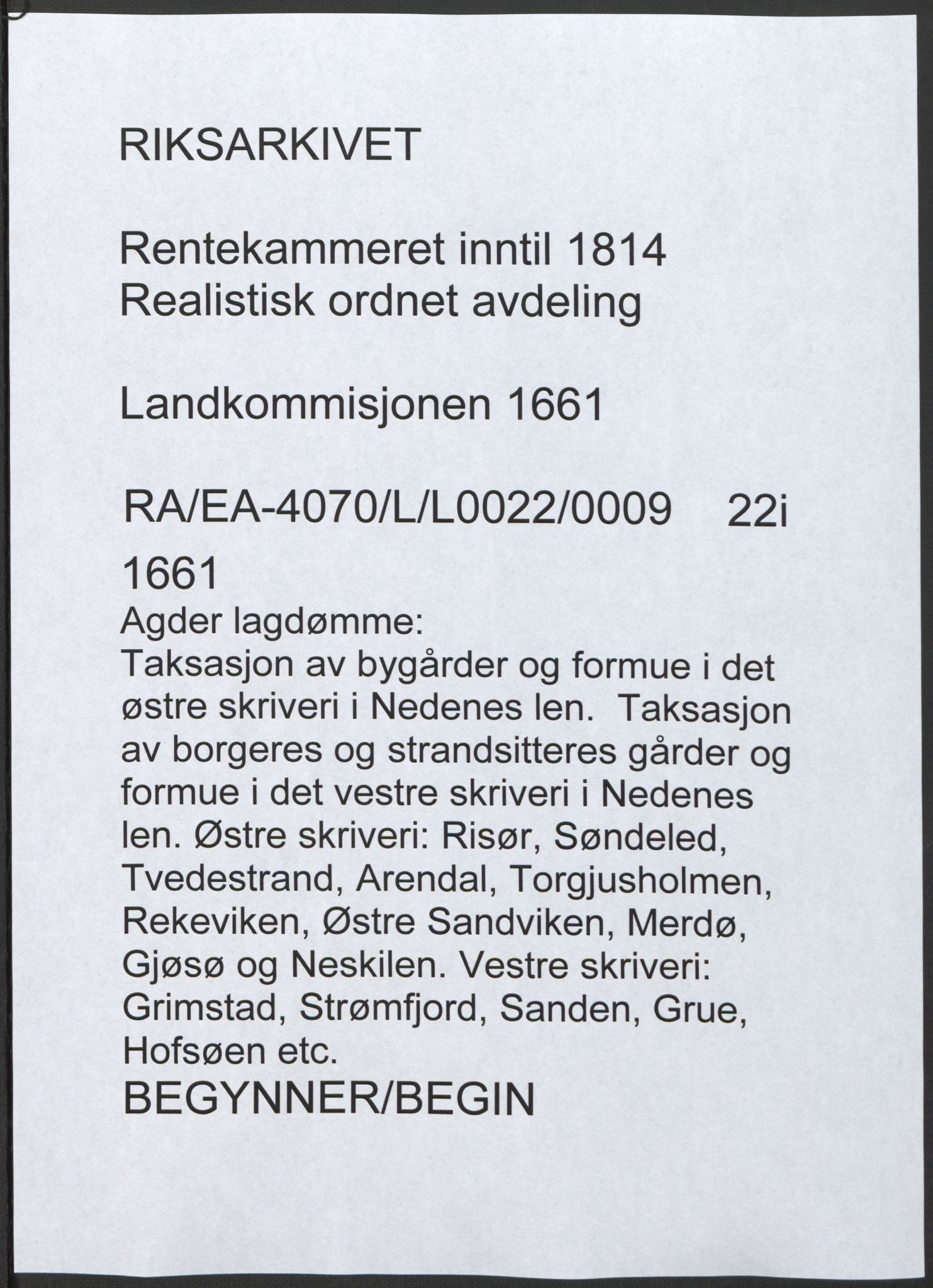 Rentekammeret inntil 1814, Realistisk ordnet avdeling, AV/RA-EA-4070/L/L0022/0009: Agder lagdømme: / Taksasjon av bygårder og formue i det østre skriveri i Nedenes len.  Taksasjon av borgeres og strandsitteres gårder og formue i det vestre skriveri i Nedenes len, 1661