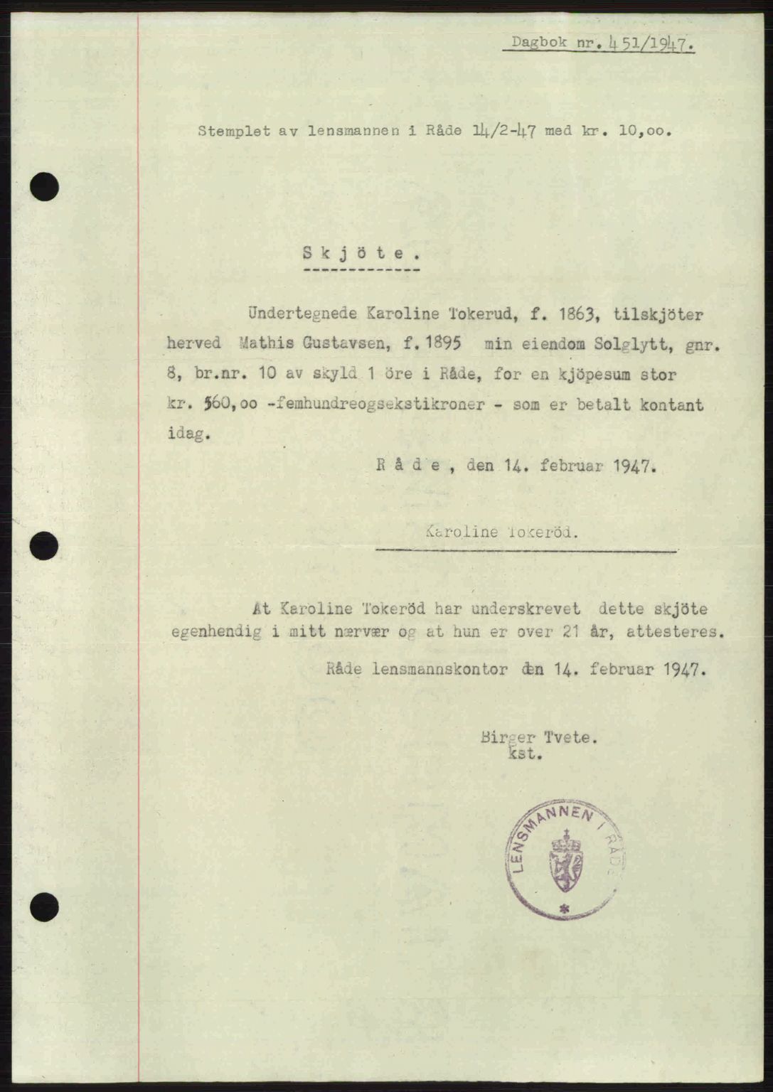 Moss sorenskriveri, SAO/A-10168: Pantebok nr. A17, 1947-1947, Dagboknr: 451/1947
